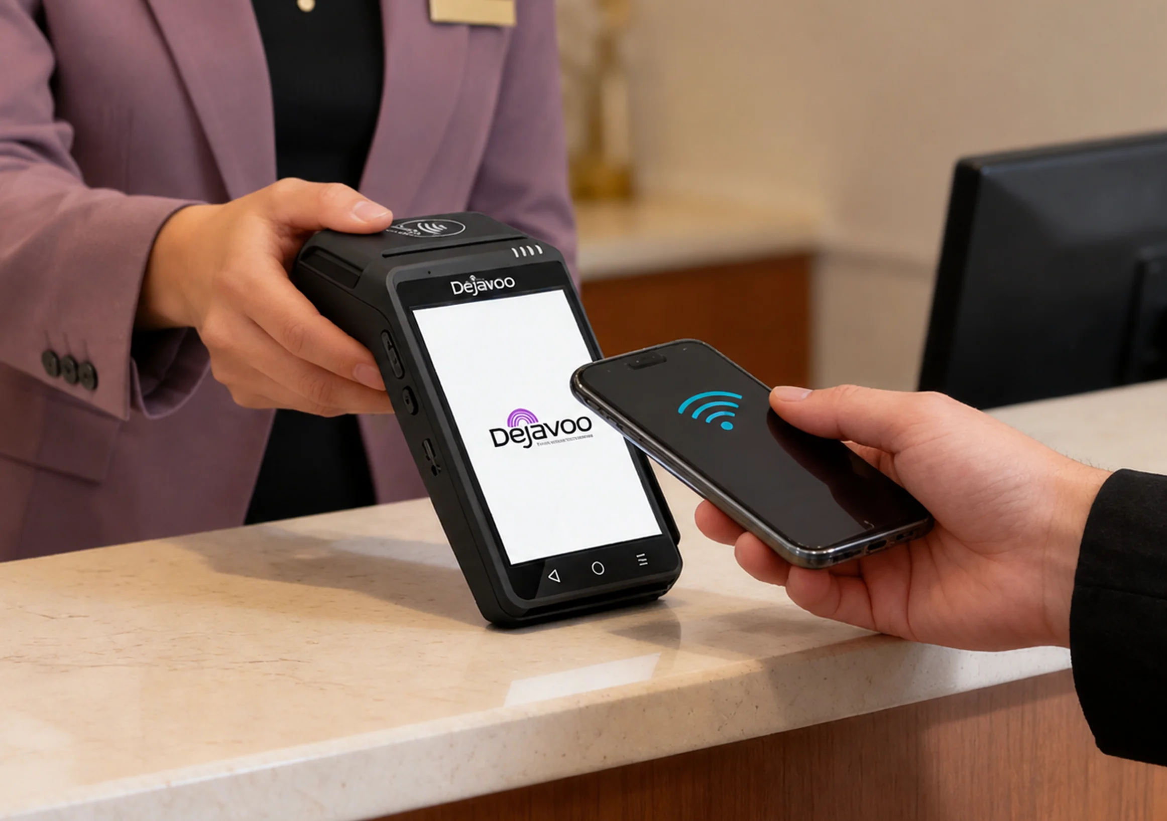 Customer making a contactless mobile payment with a smartphone at a Dejavoo payment terminal