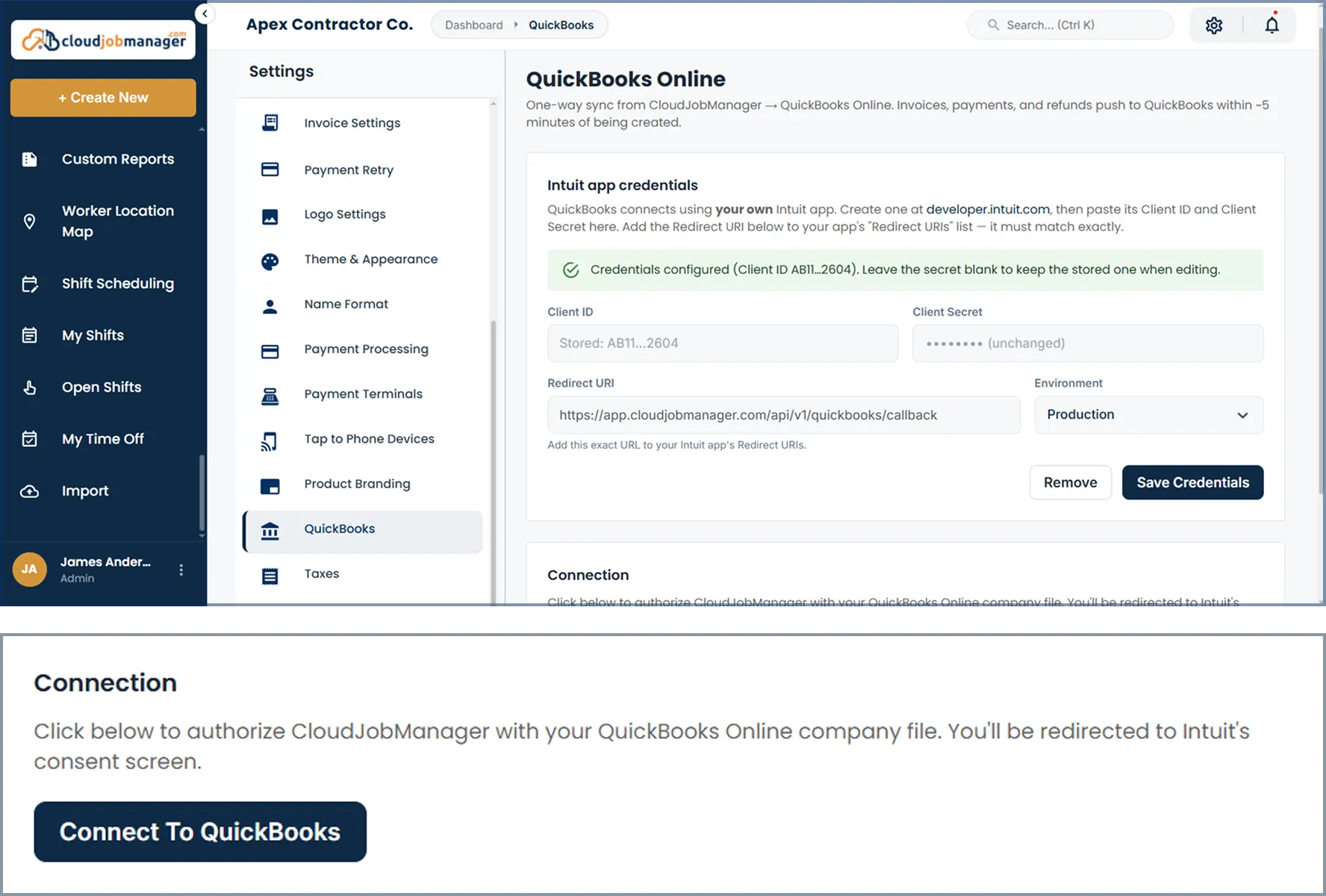 Cloud Job Manager accounting integration screen for connecting QuickBooks Online and syncing transaction data