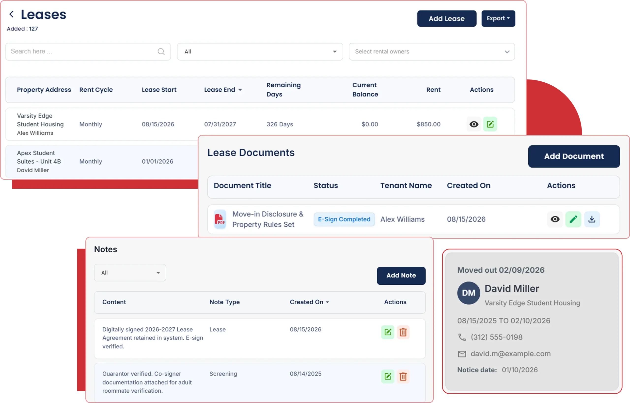 Cloud Rental Manager lease dashboard showing lease creation, documents, e-signatures, tenant notes, and lease details