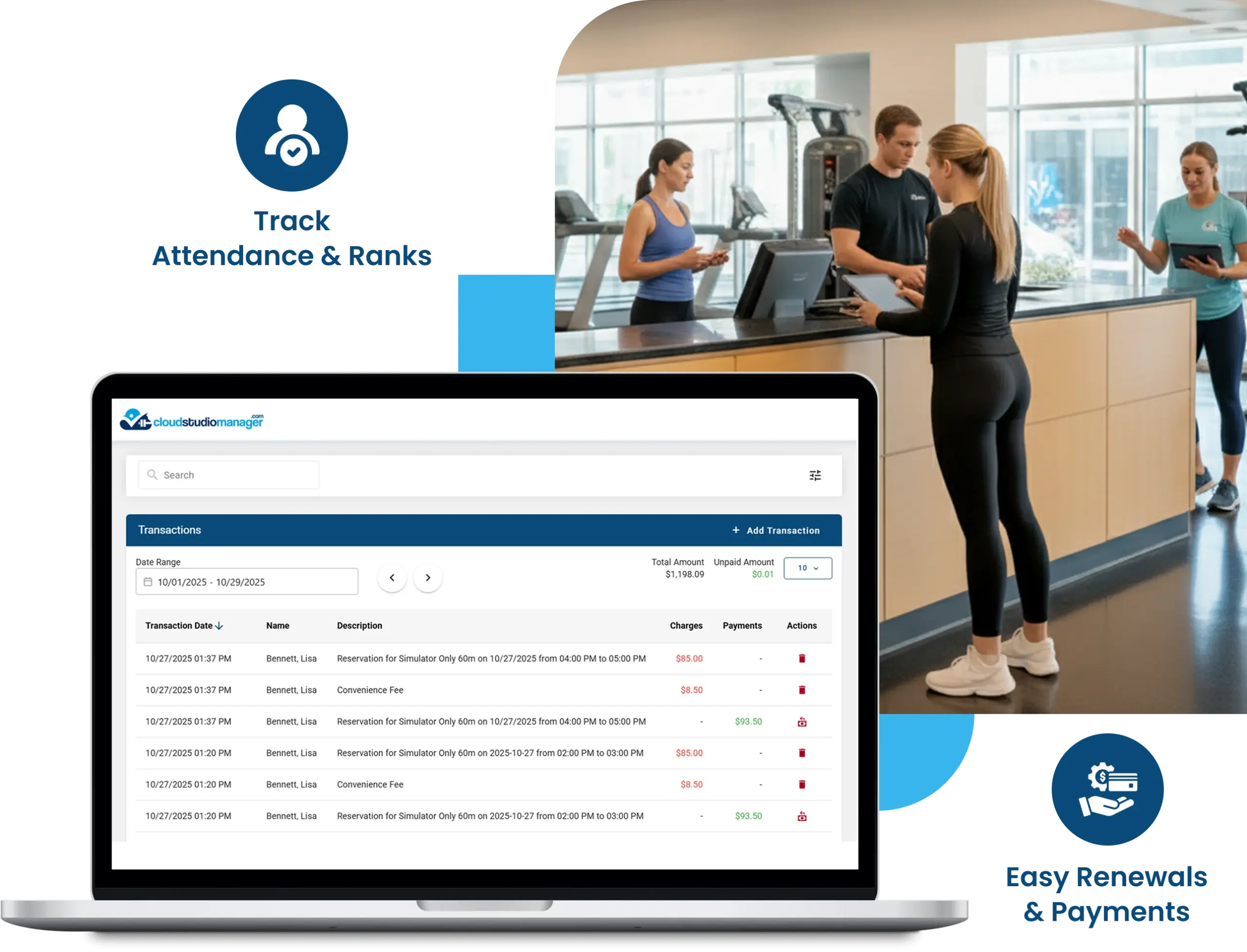 Martial arts studio management with attendance tracking, student ranks, transactions, renewals, and payment tools