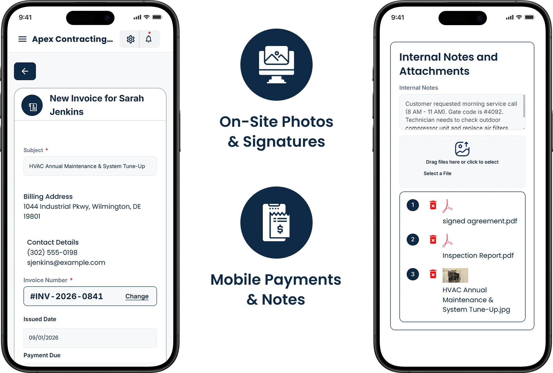 Mobile field app screens showing invoices, on-site photos, internal notes, attachments, signatures, and payment tools
