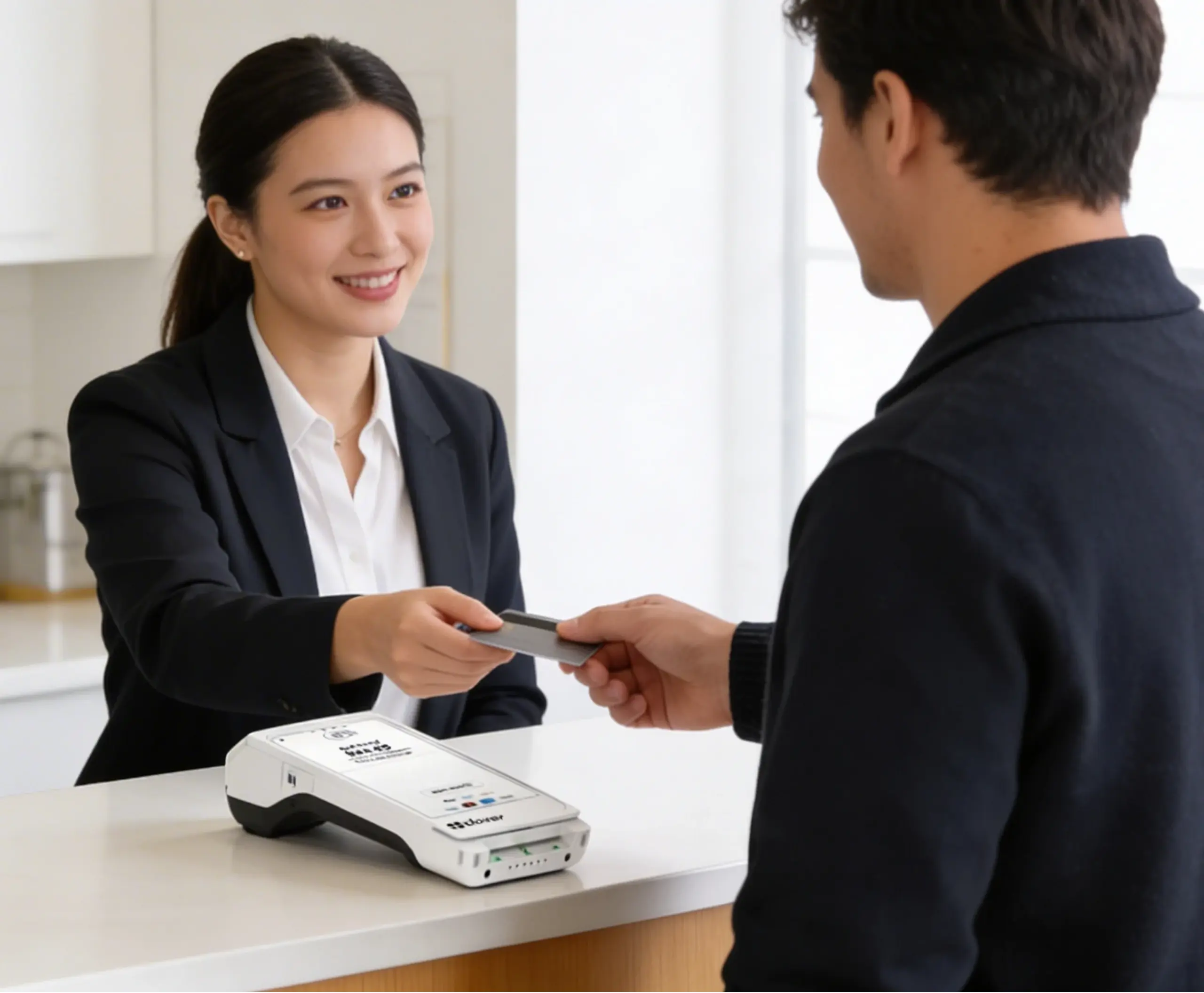 Customer making an in-person card payment at a countertop terminal using a modern HMS Pay payment solution