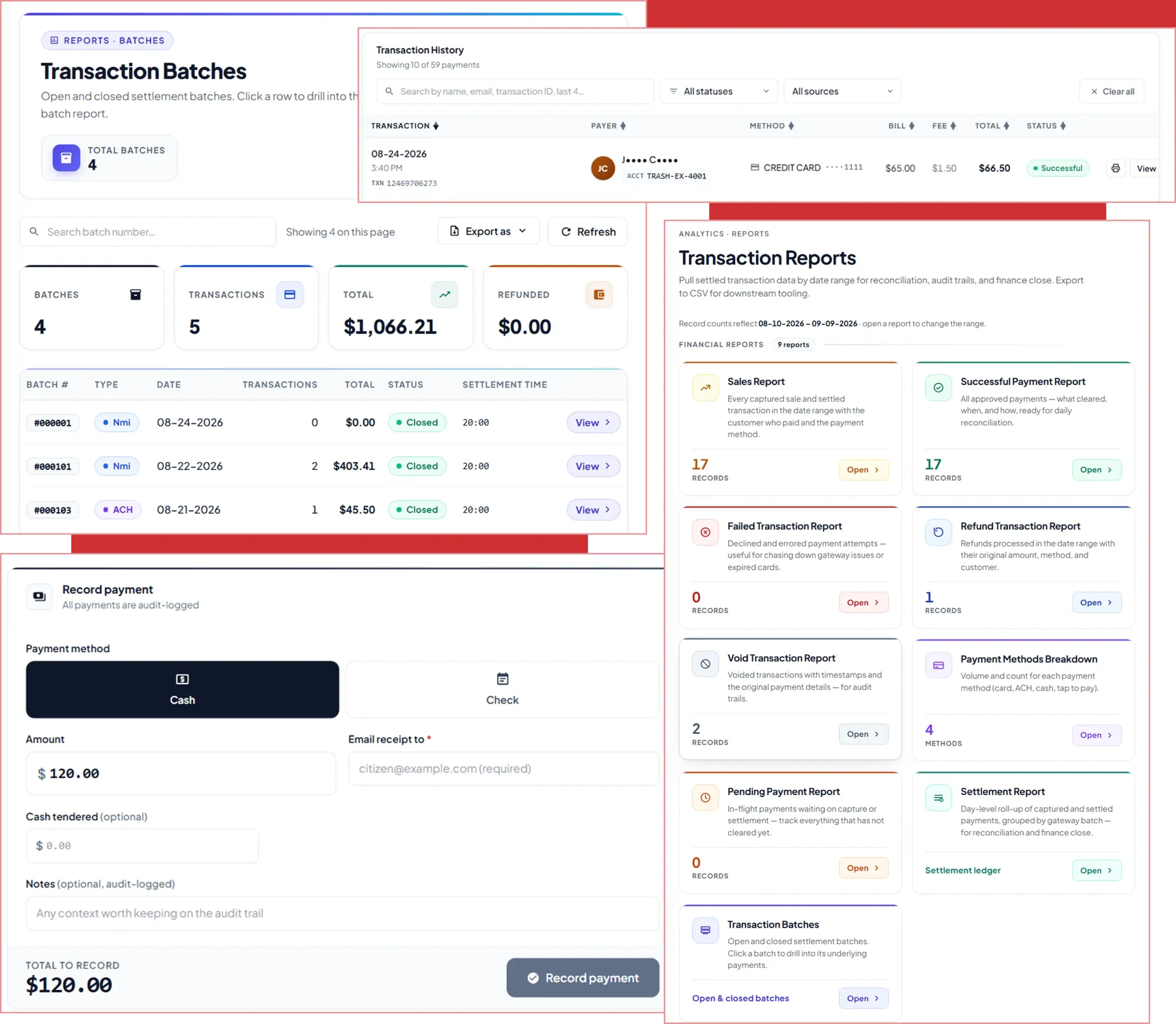 CloudPay Mobile money management dashboard showing transaction batches, payment history, cash drawer activity, and financial reports