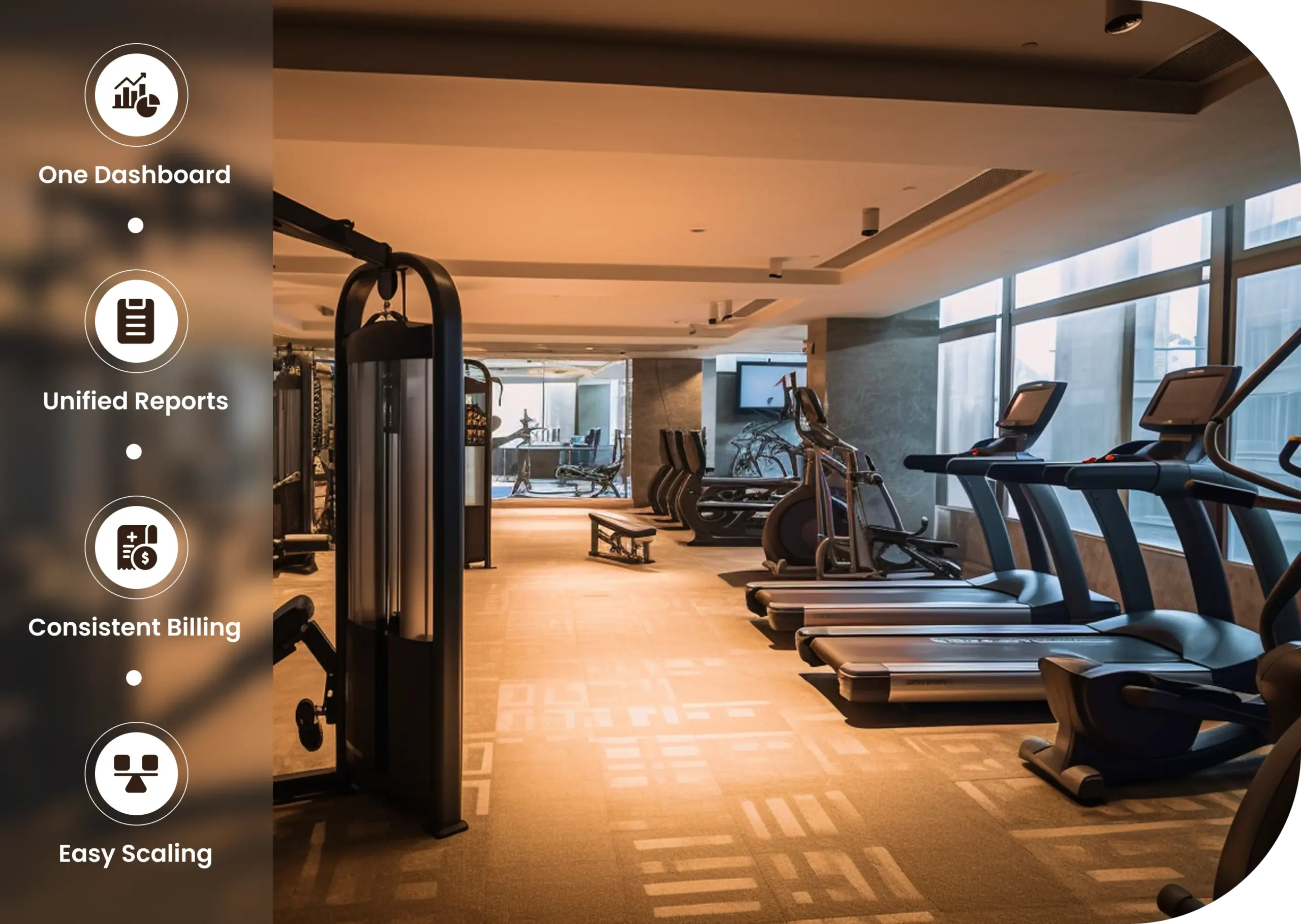 Modern multi-location gym interior with centralized dashboard, unified reporting, consistent billing, and scaling features