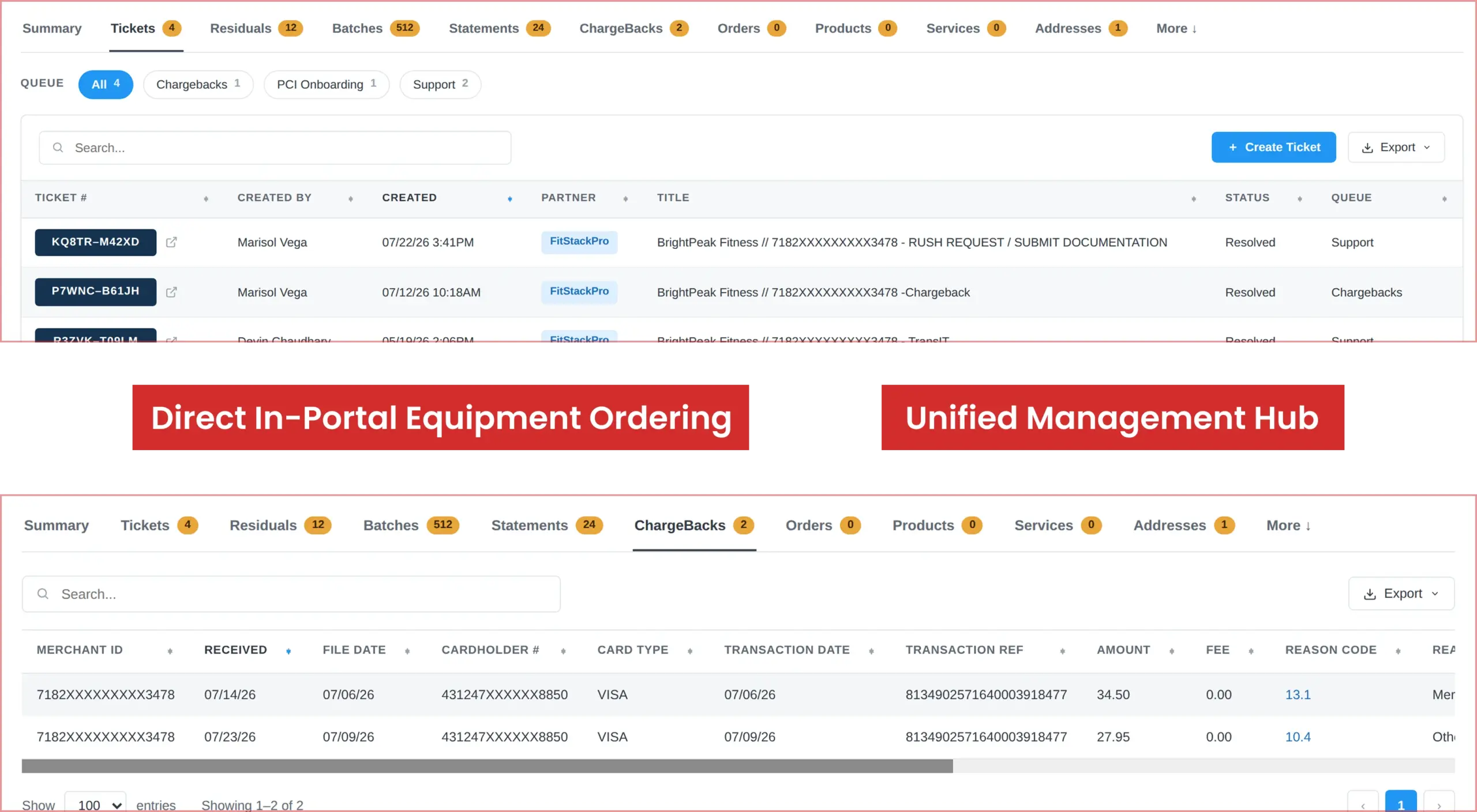 HMS Agent and ISO Portal showing equipment orders, chargeback details, order status, and merchant account management tools