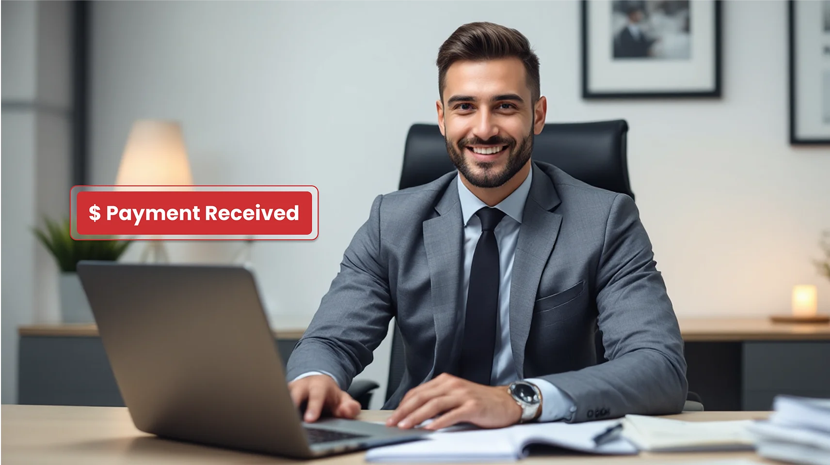 Property manager receiving an online payment notification while reviewing account activity on a laptop