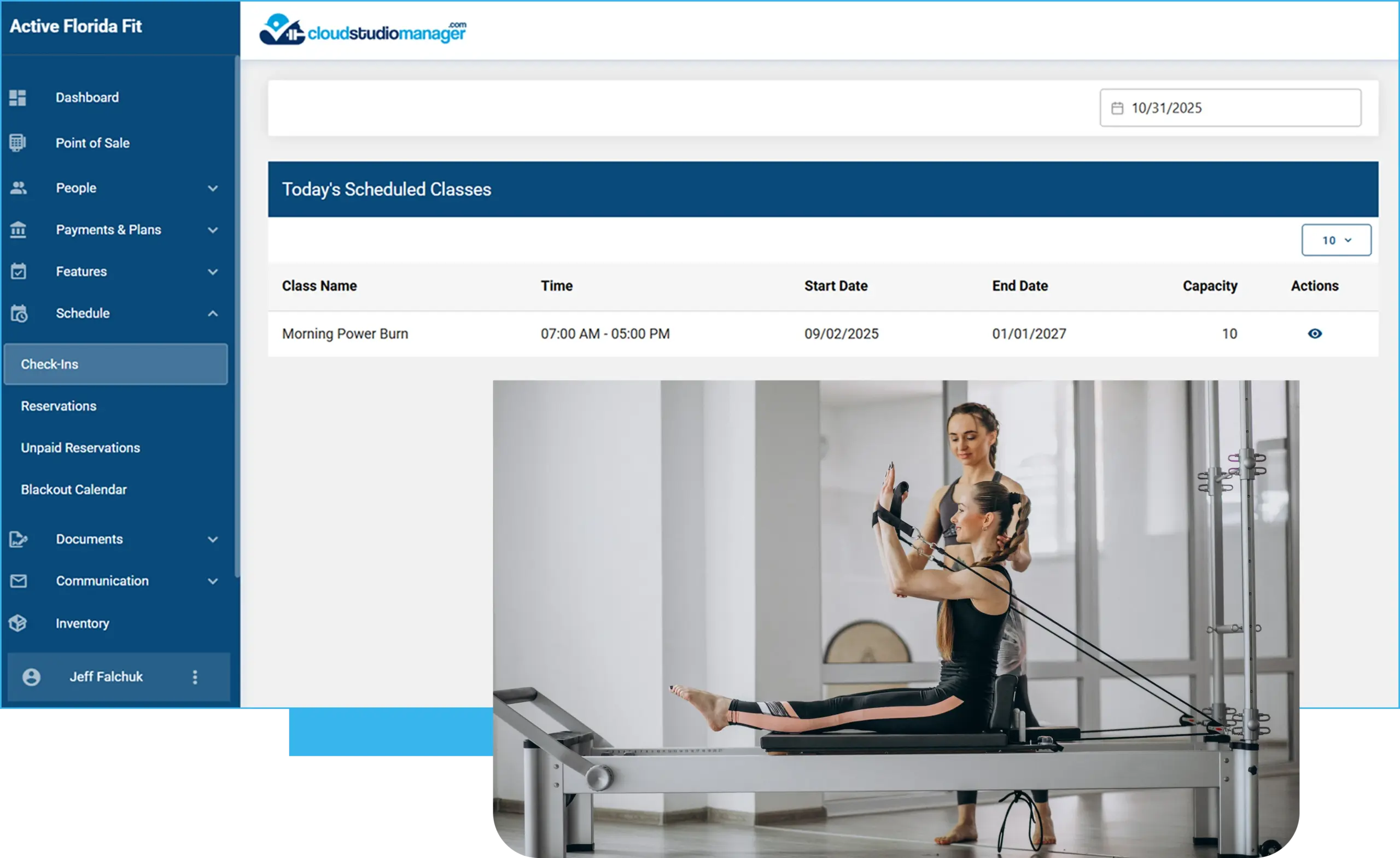 Cloud Studio Manager dashboard showing Pilates class scheduling, equipment use, client billing, and studio management