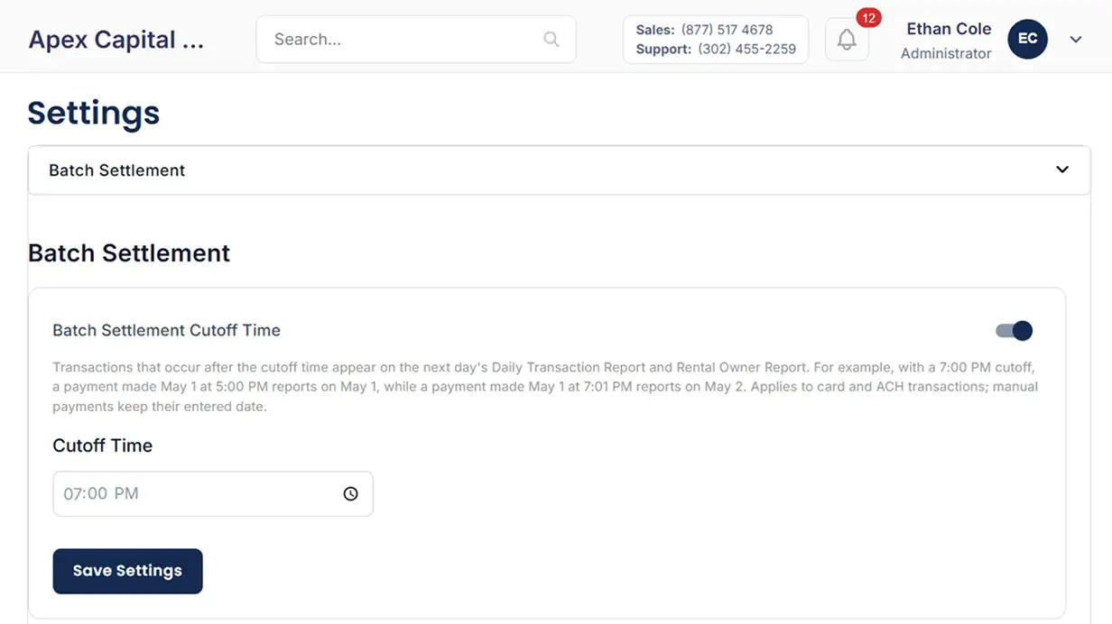 Cloud Rental Manager batch settlement settings showing configurable cutoff times for eligible next-day funding