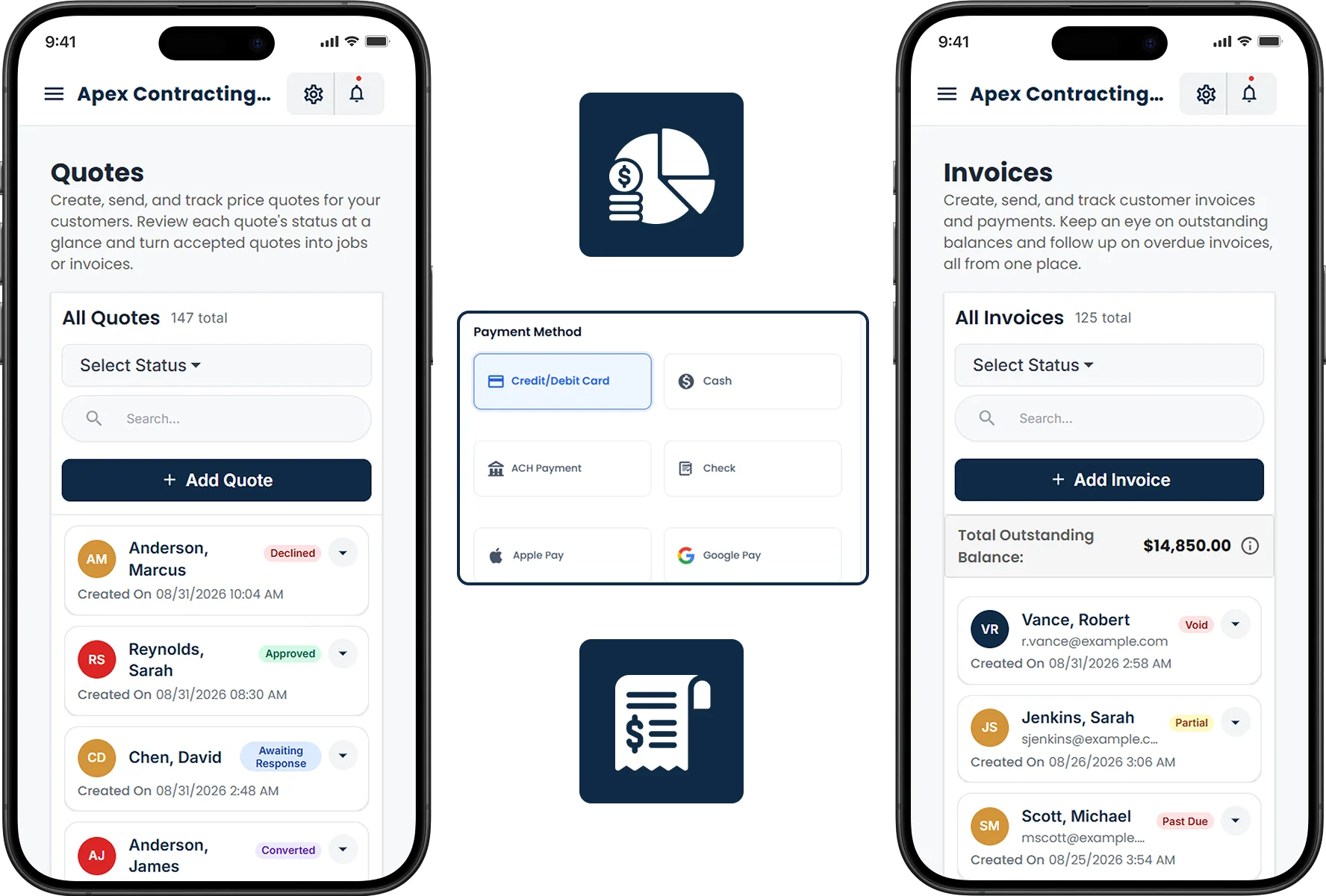Mobile and desktop contractor software screens for creating quotes, sending invoices, and accepting online payments