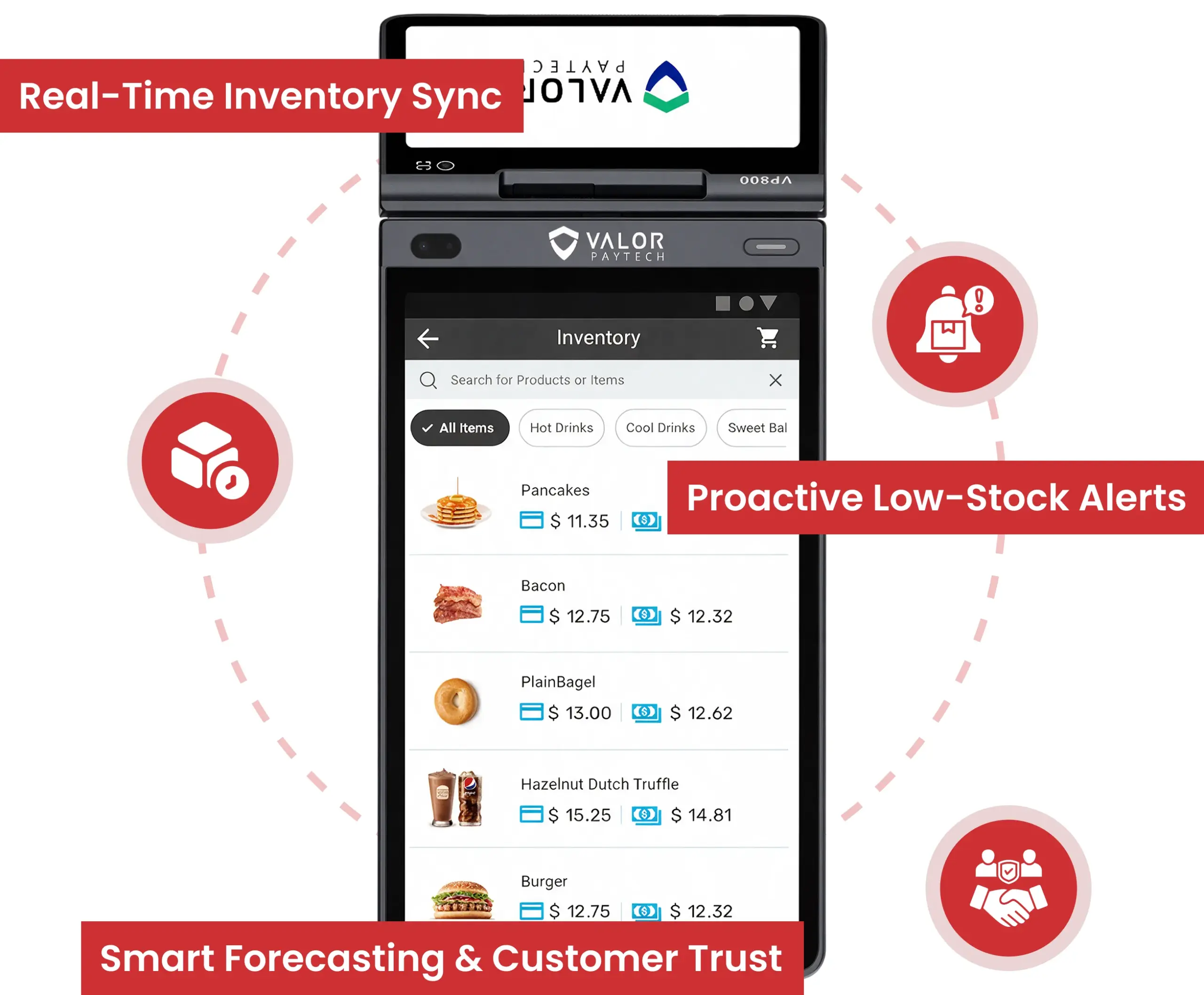 Valor VP800 POS inventory screen showing real-time menu updates, stock levels, pricing, and low-stock alerts