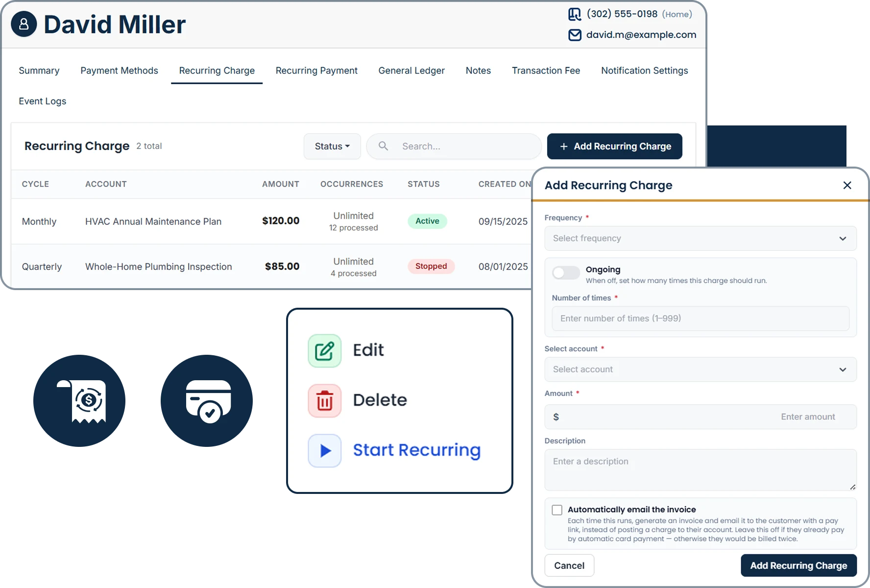 Recurring billing dashboard showing maintenance plans, autopay settings, and recurring charge management