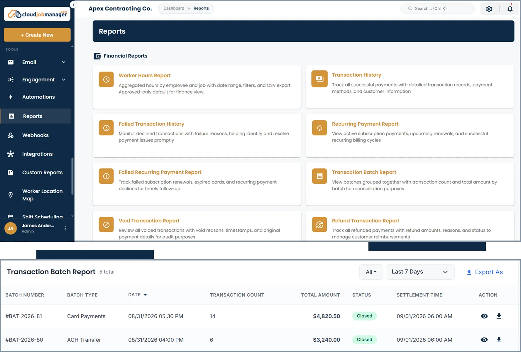 Cloud Job Manager reports dashboard showing financial reports, transaction batches, receivables, and deposit activity