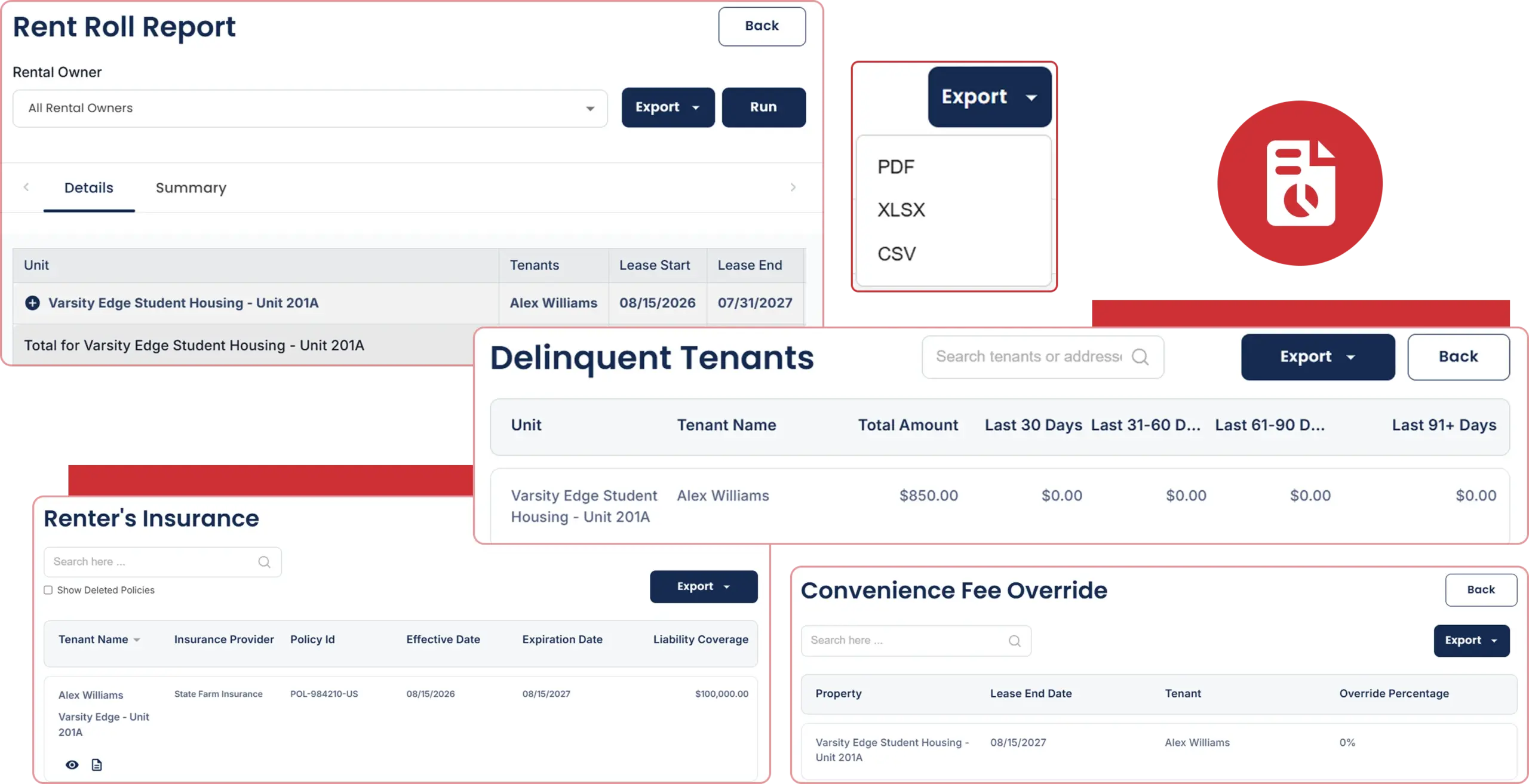 Cloud Rental Manager reporting dashboard showing rent roll, delinquent tenants, renters insurance, and operational reports