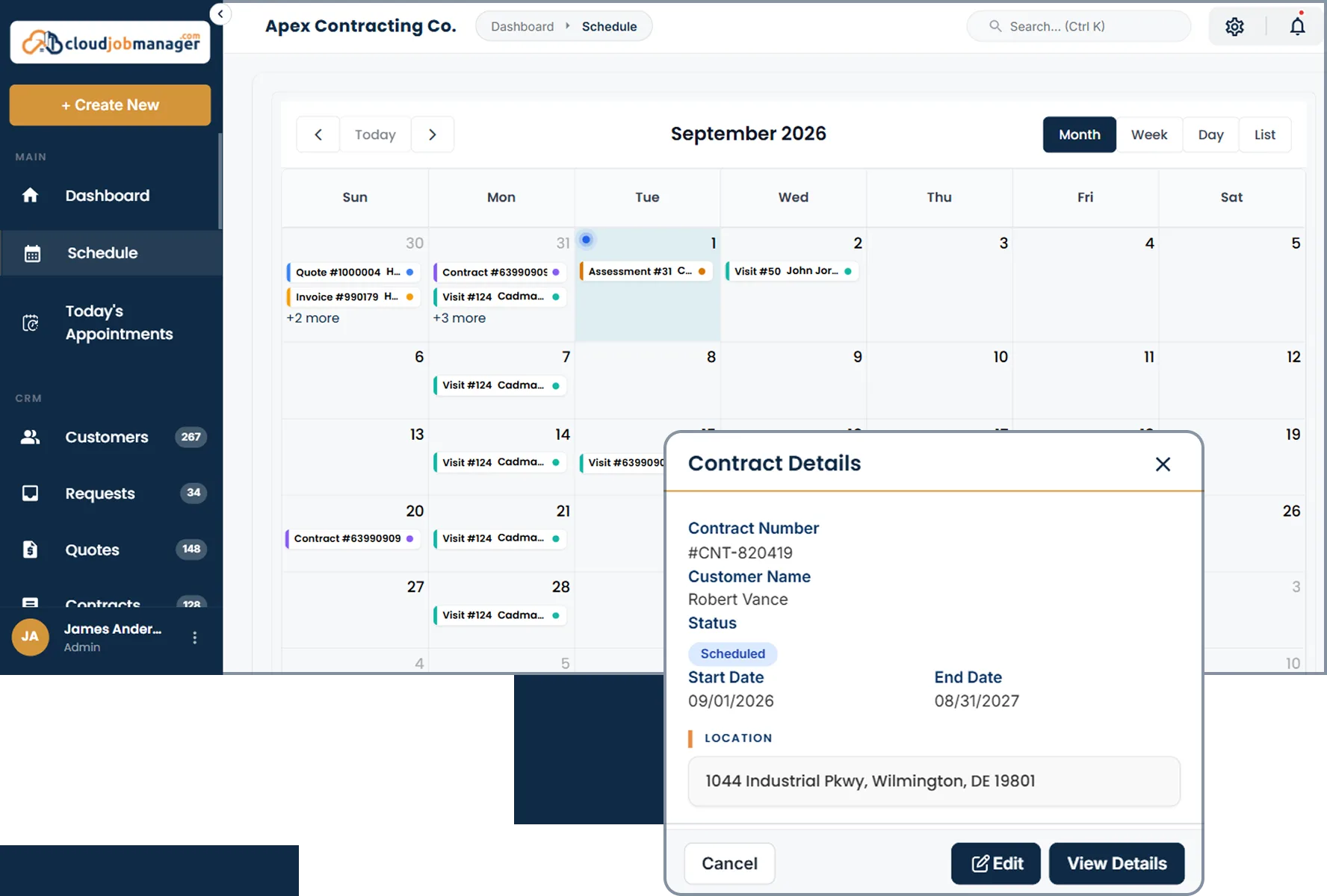 Cloud Job Manager scheduling dashboard with monthly calendar, appointments, and contractor job details