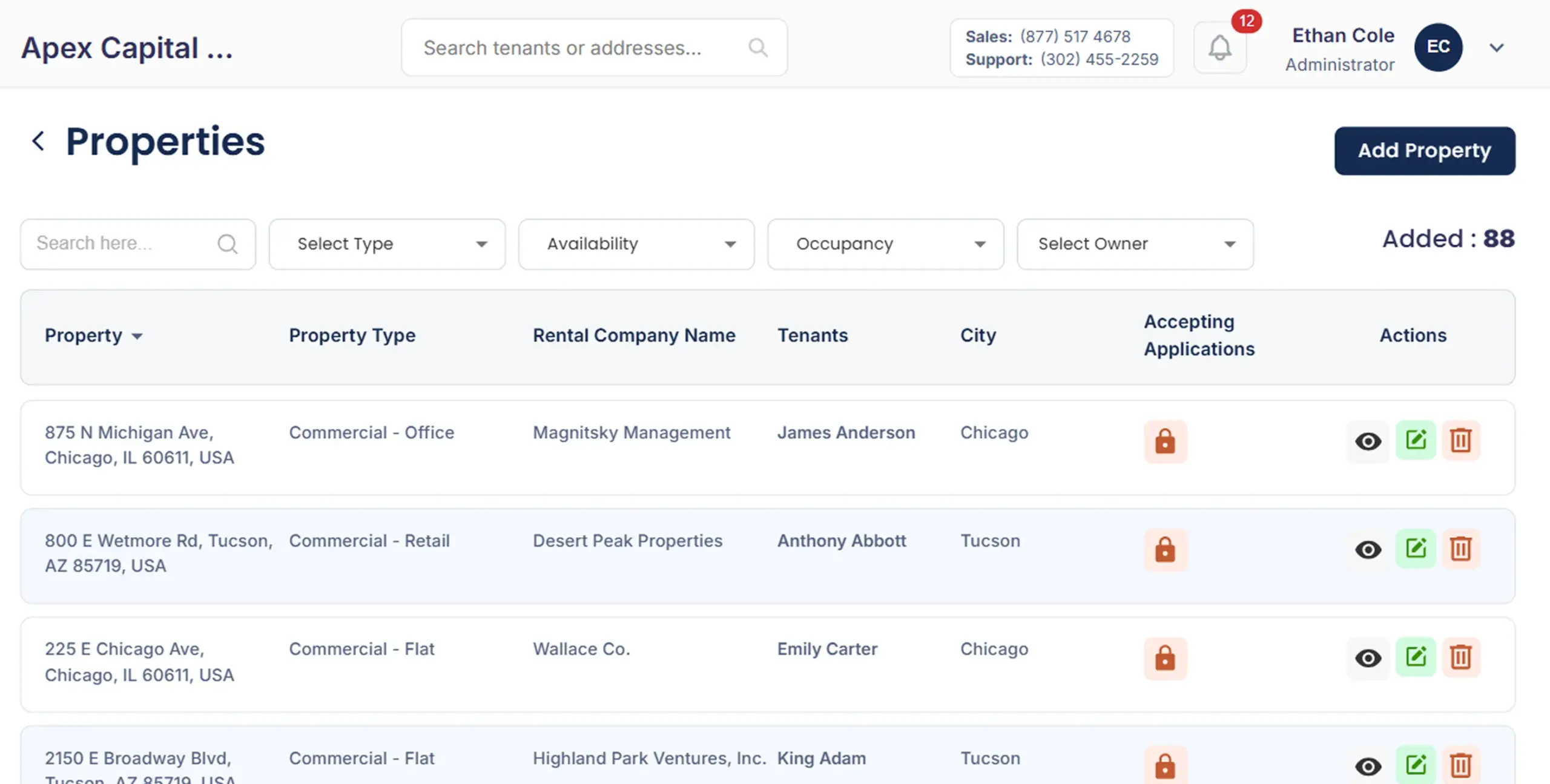 Cloud Rental Manager properties dashboard showing property types, tenants, locations, application status, and management actions