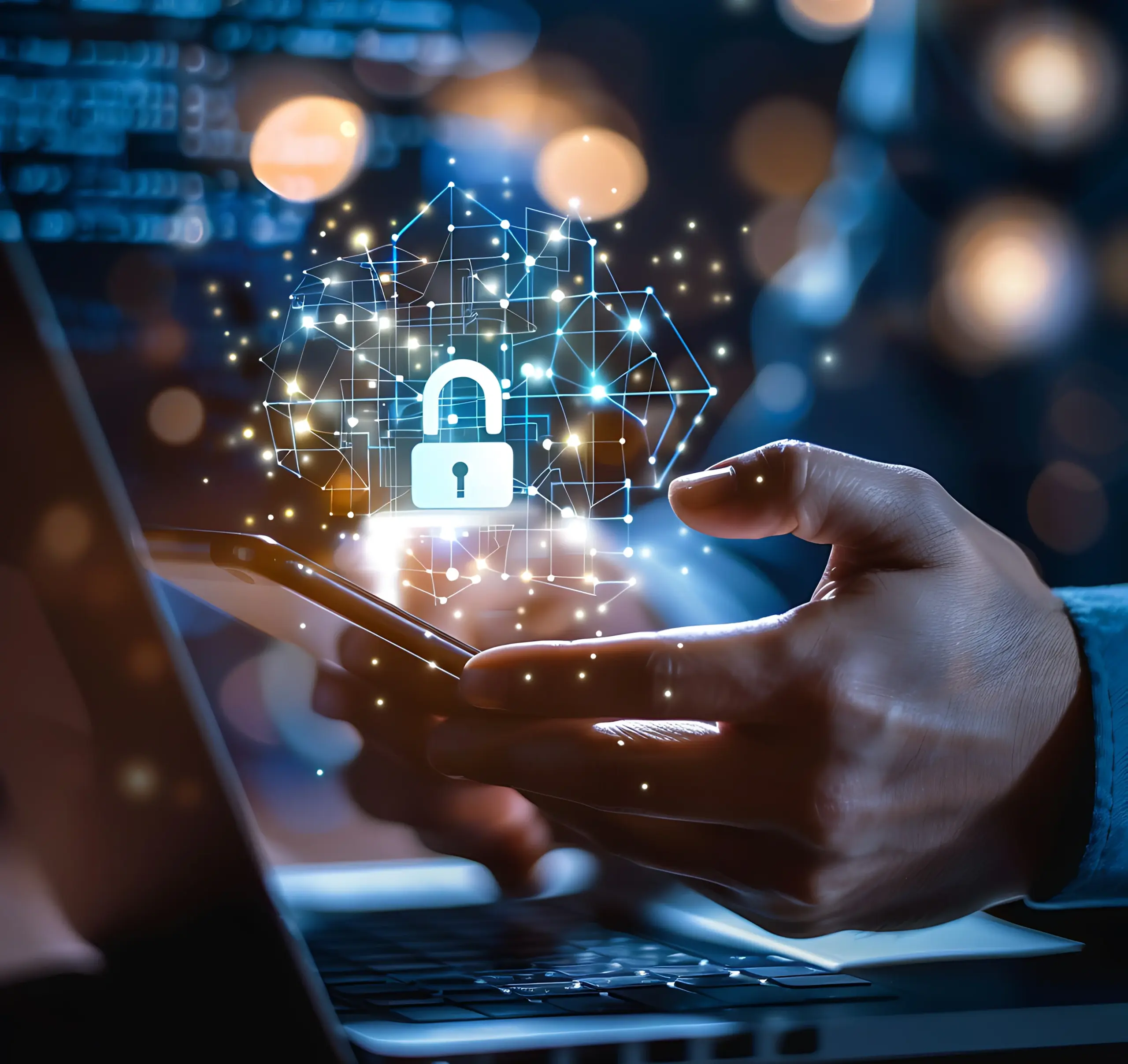 Digital payment security concept showing a smartphone, laptop, and lock protecting browser-based transactions