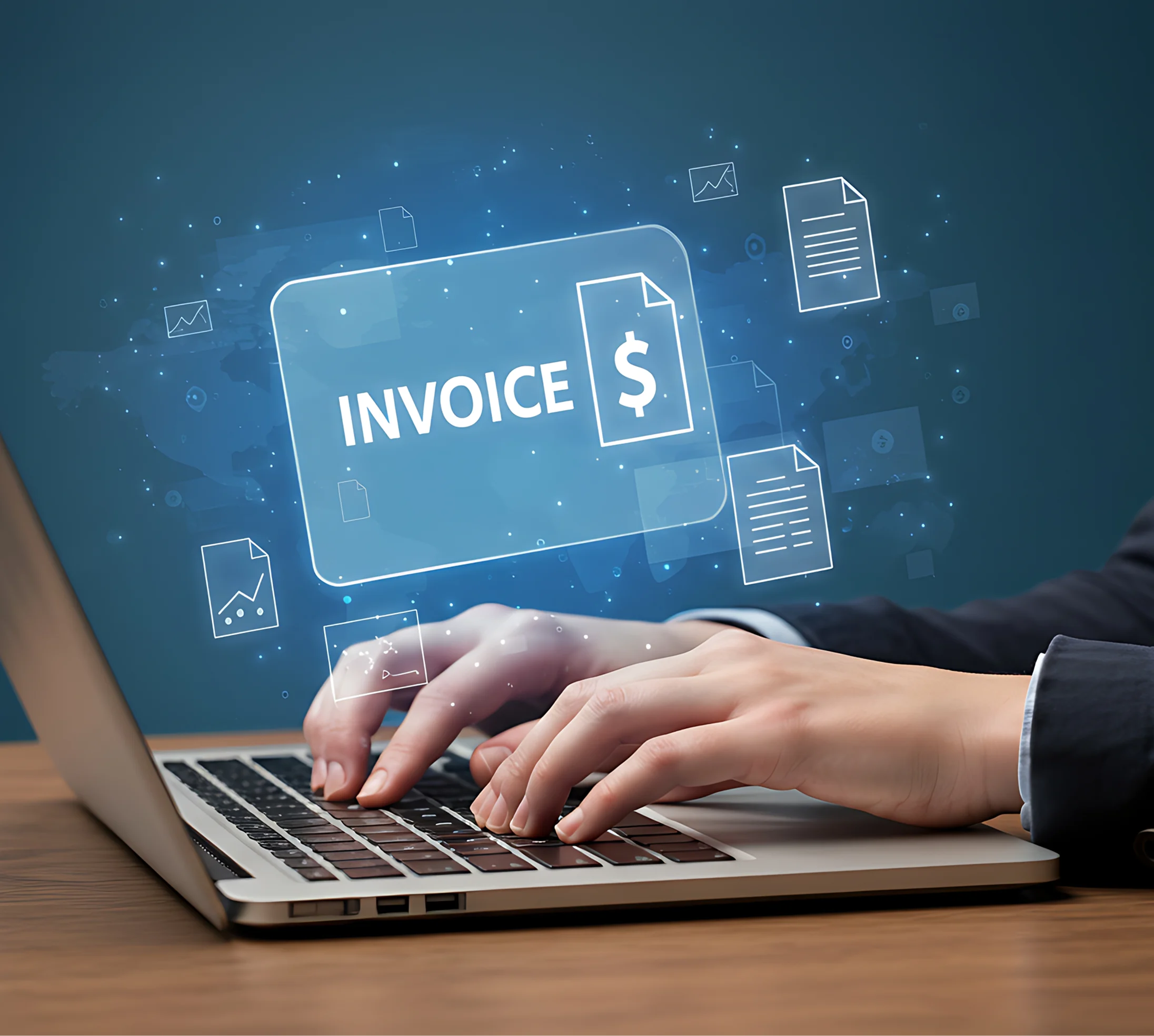 Digital invoicing concept showing a professional creating and managing customer invoices from a laptop