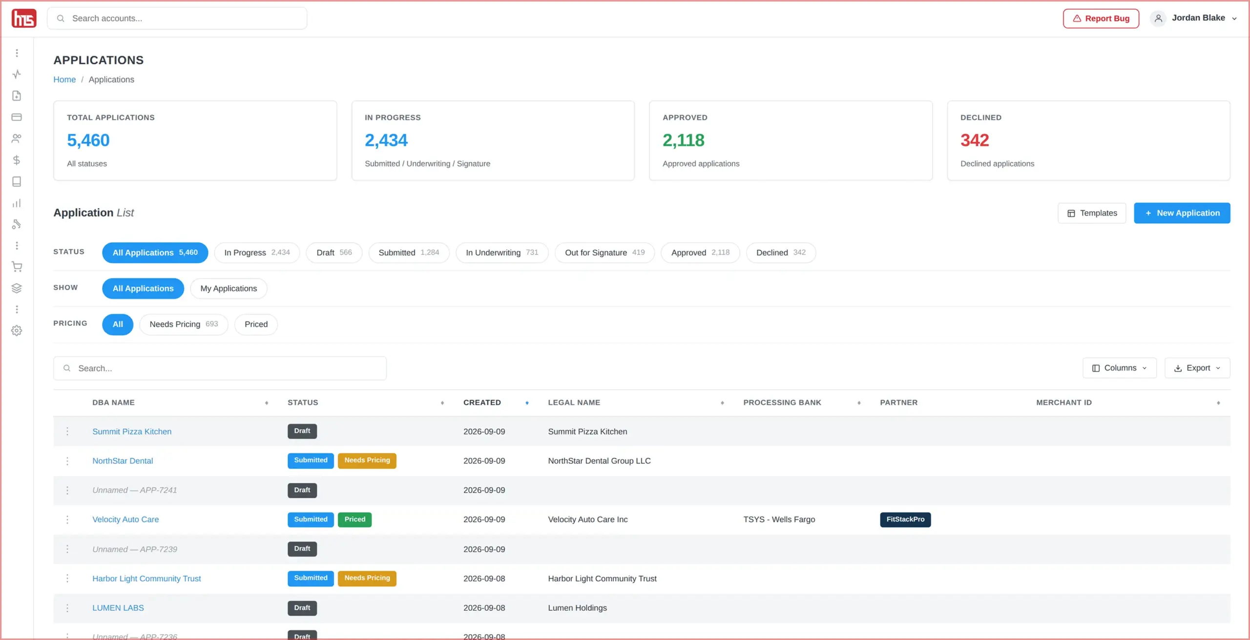HMS Agent and ISO Portal applications dashboard showing deal status, processing partners, account details, and pipeline tracking