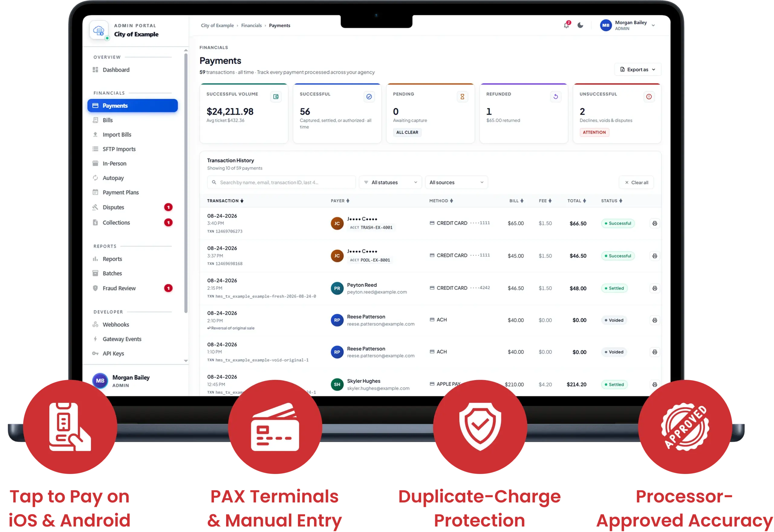 CloudPay Mobile payments dashboard showing transaction history with Tap to Pay, PAX terminals, manual entry, and payment protection