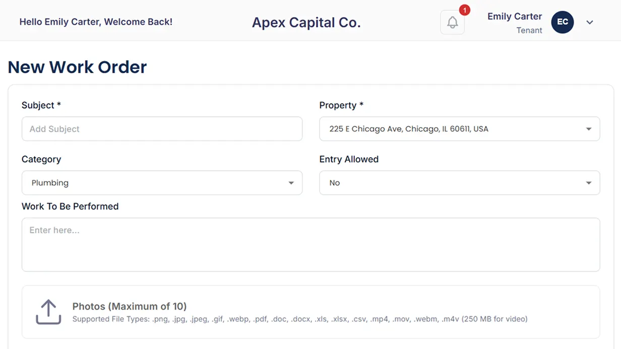 Cloud Rental Manager work order screen showing a tenant maintenance request with property details, category, and photo upload