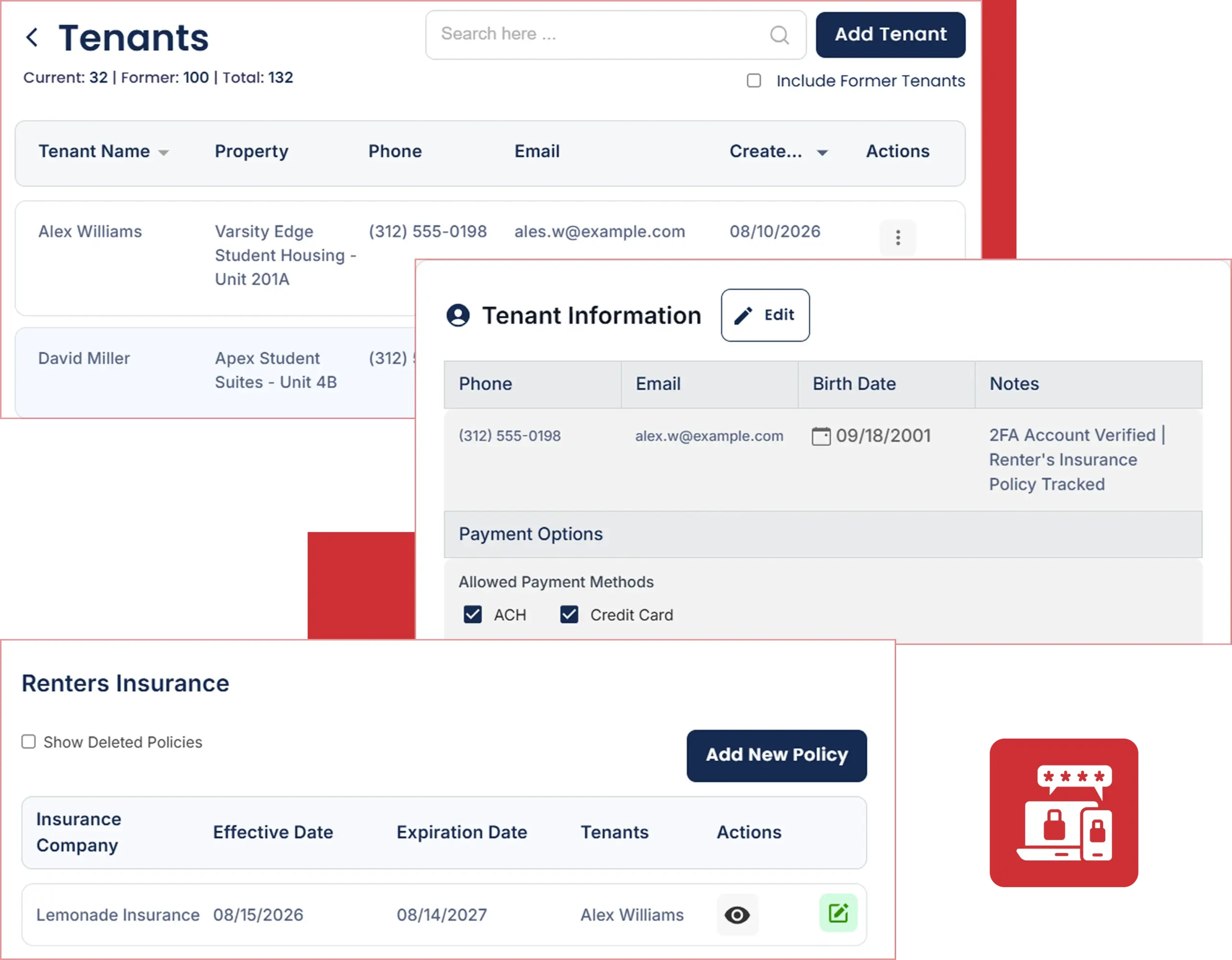 Cloud Rental Manager tenant dashboard showing tenant profiles, payment options, rental applications, and renters insurance tracking