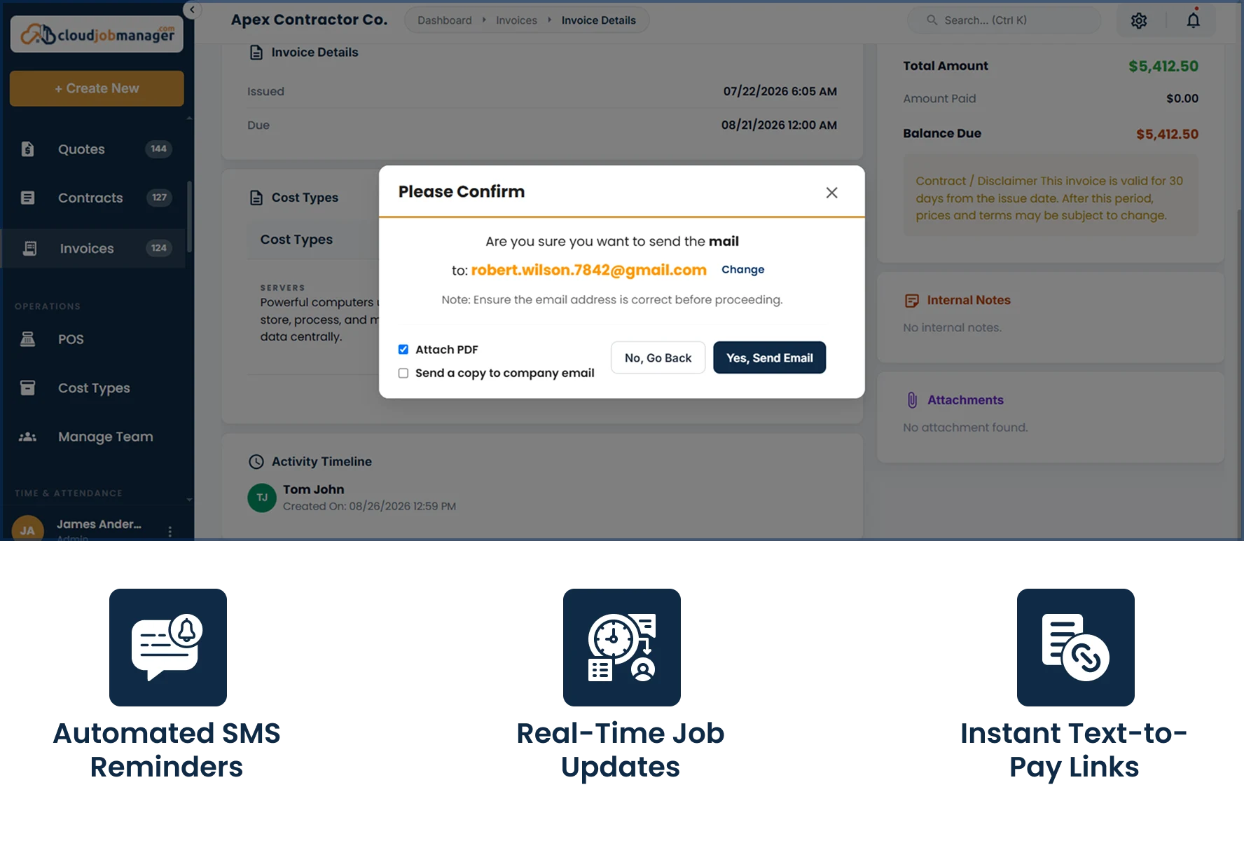 Cloud Job Manager invoice screen with automated SMS reminders, real-time job updates, and text-to-pay payment links