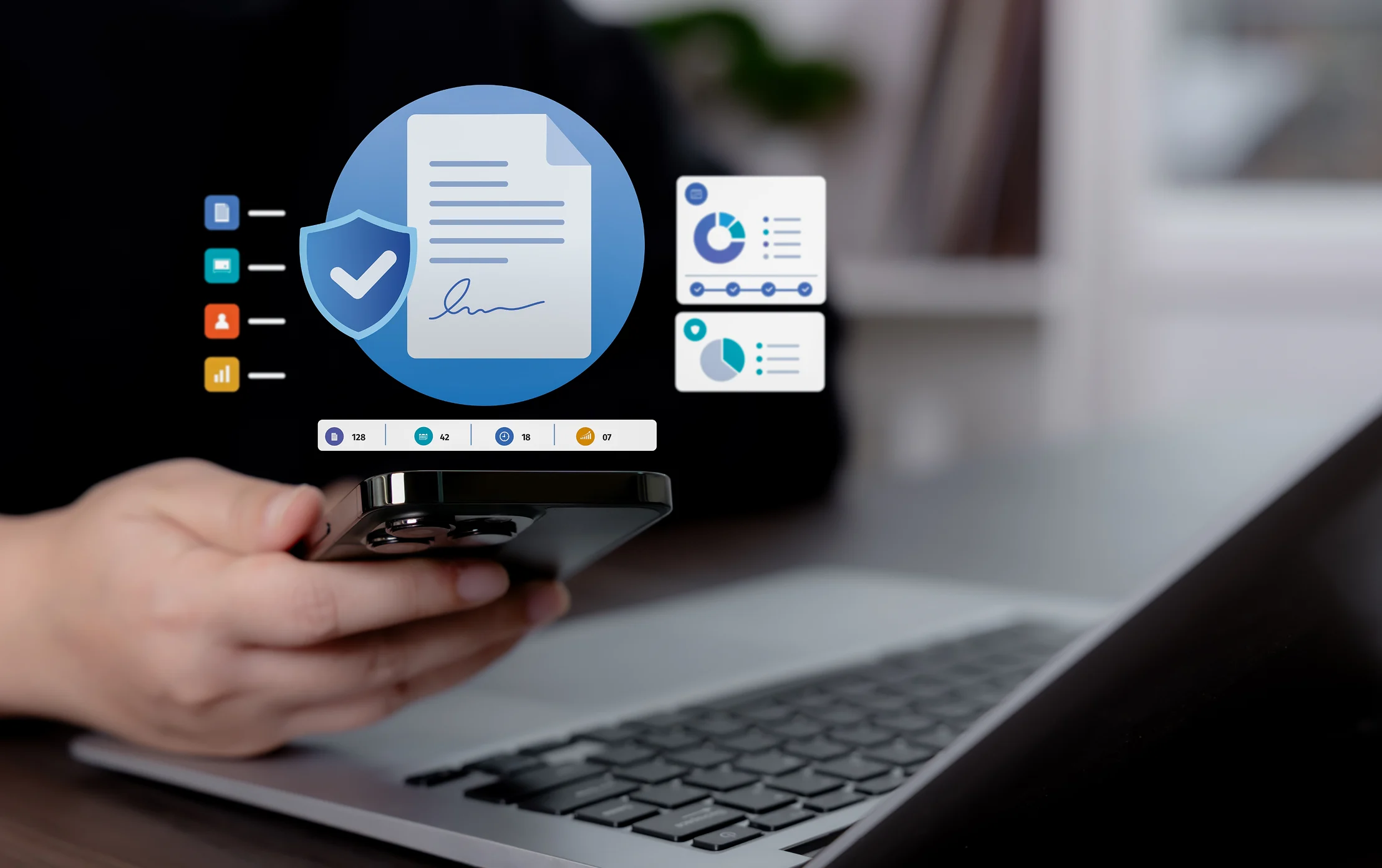 Business professional reviewing digital compliance documents and security controls on a laptop and smartphone