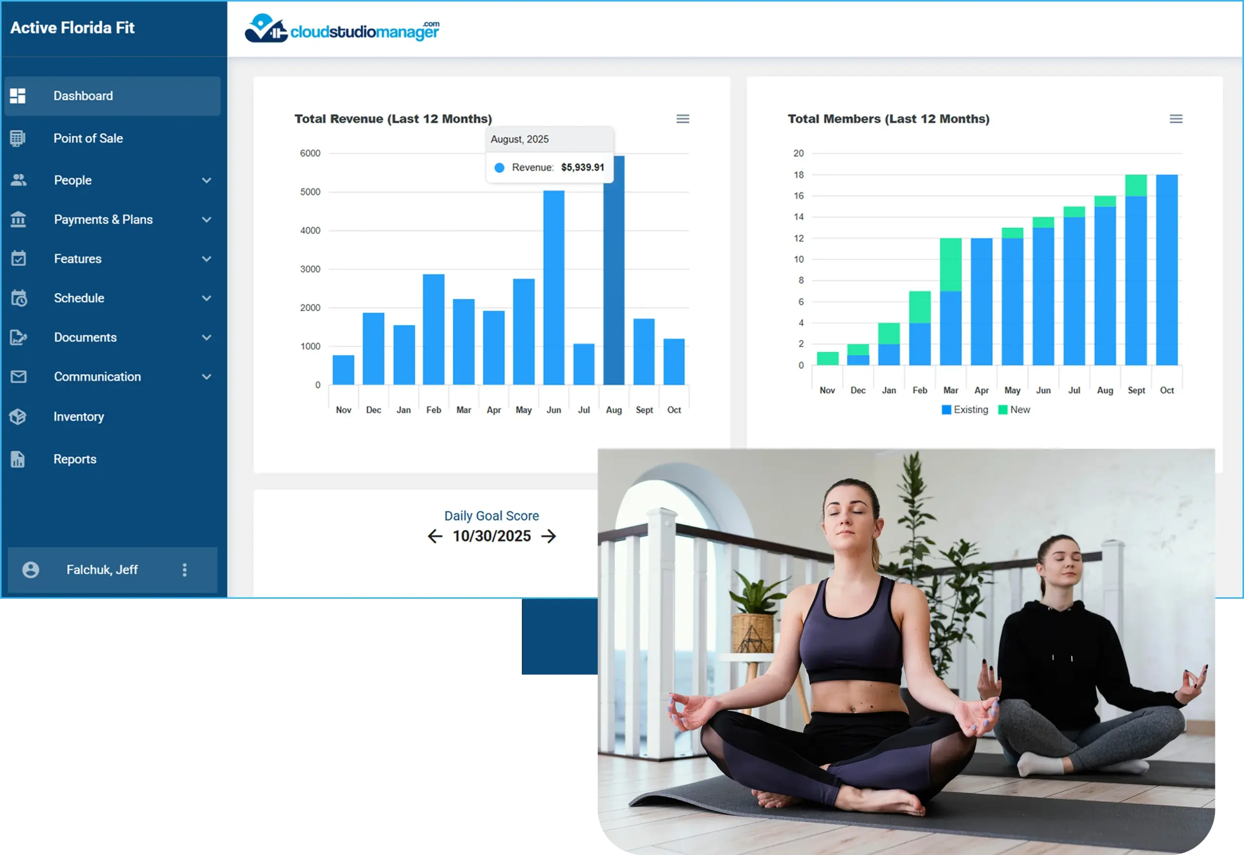 Cloud Studio Manager dashboard showing yoga studio revenue, membership growth, scheduling, billing, and reporting