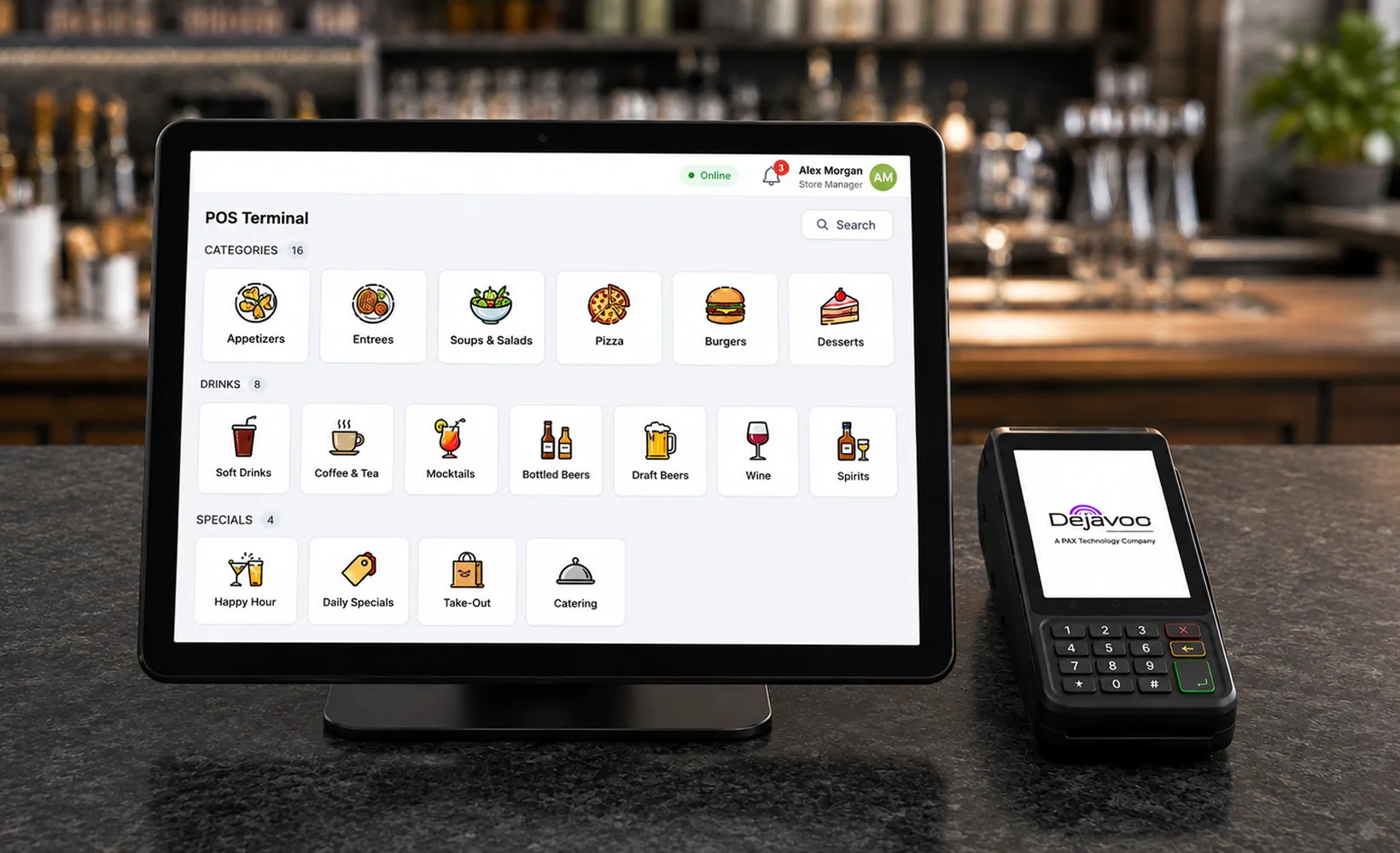 Bonsai POS Android tablet displaying restaurant ordering software beside a Dejavoo P1 payment terminal on a countertop