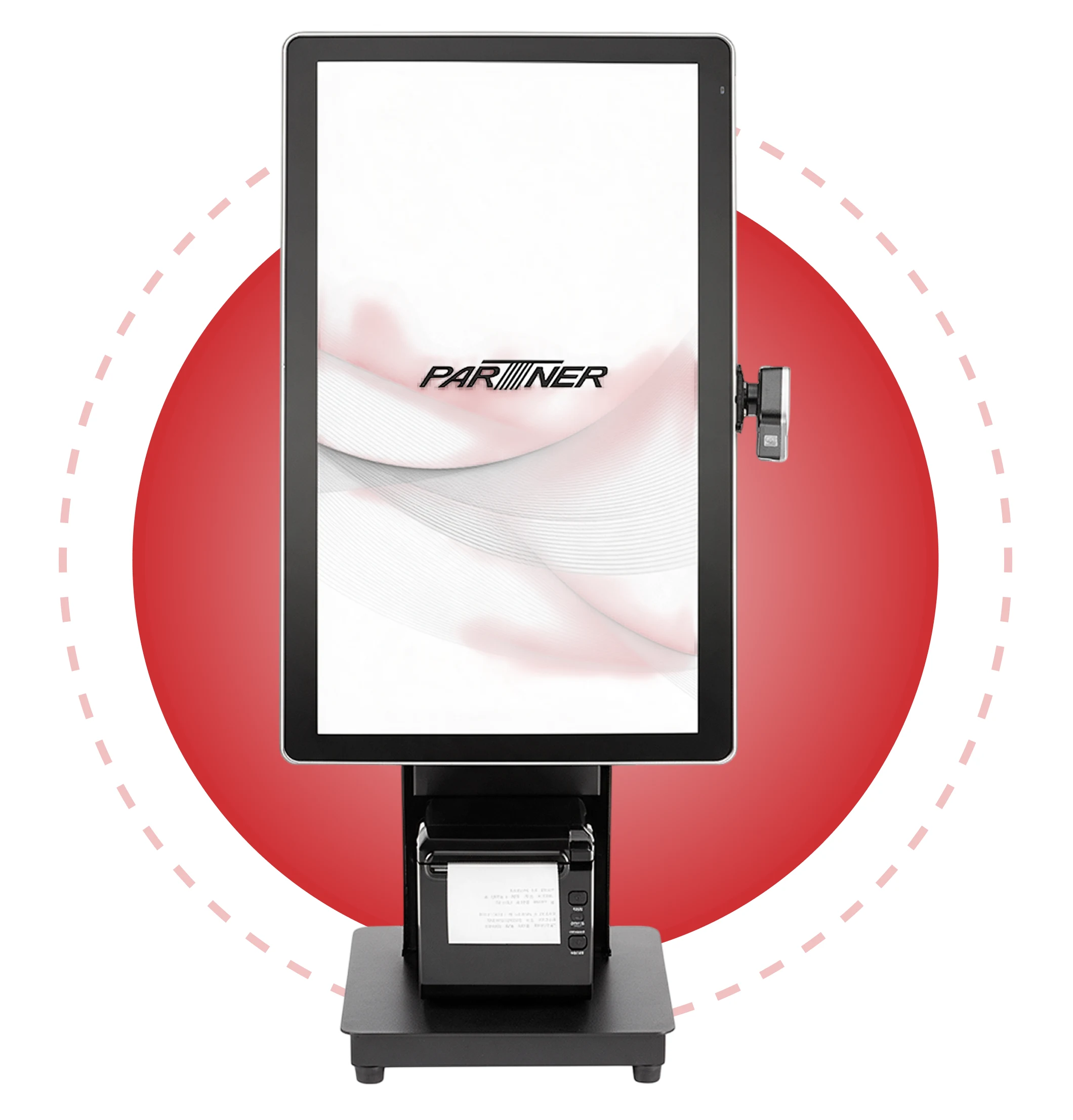 Partner Tech Audrey A7 countertop POS terminal with 21.5-inch touchscreen and integrated receipt printer for retail checkout
