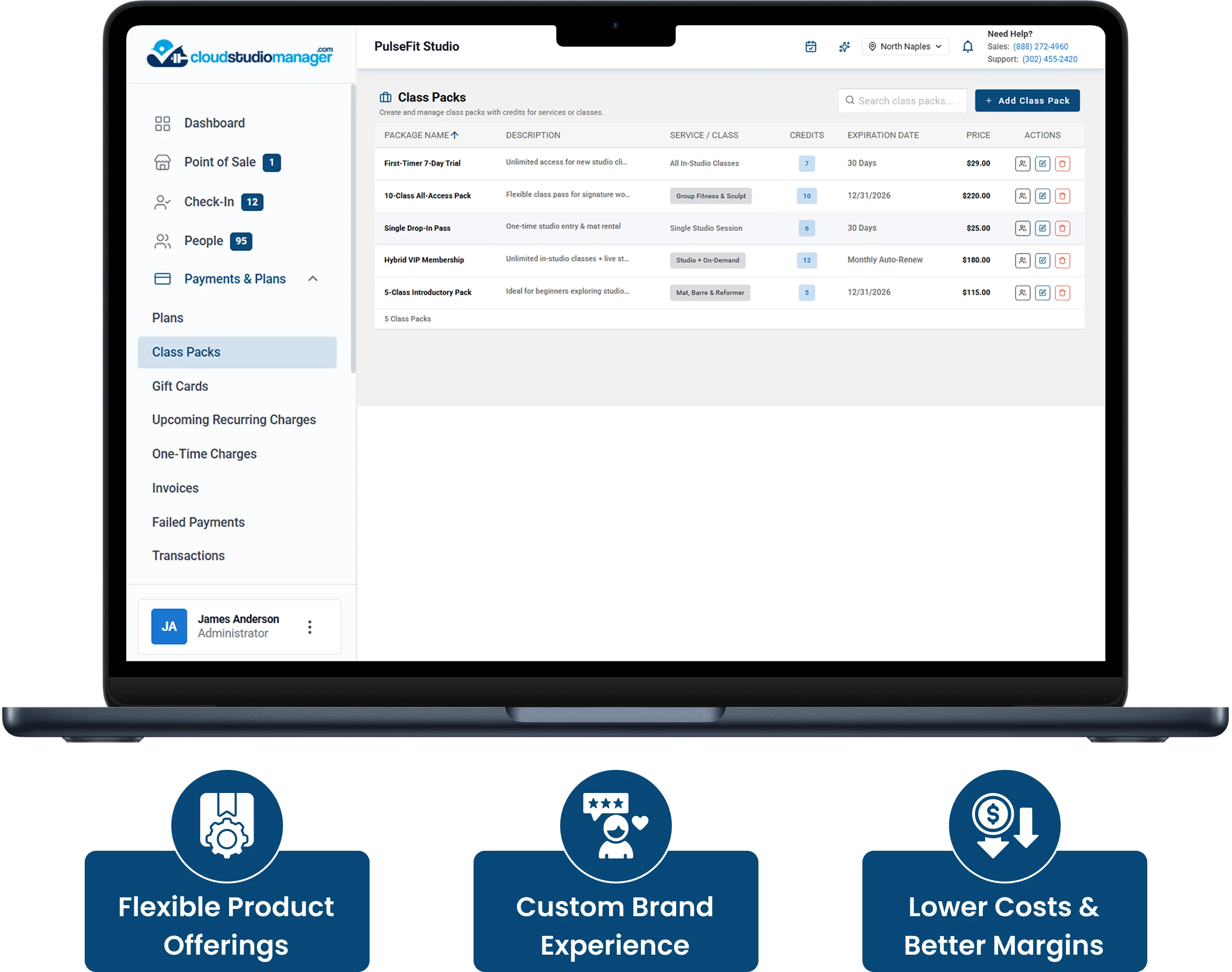 Boutique studio management dashboard displaying class packs, flexible memberships, custom booking options, and billing tools