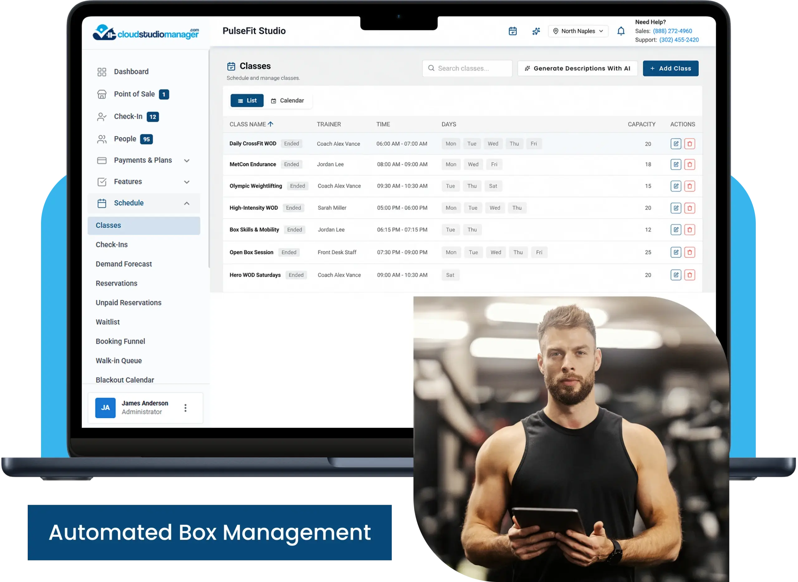 Box fitness studio management dashboard showing class schedules, recurring billing tools, and a fitness coach holding a tablet