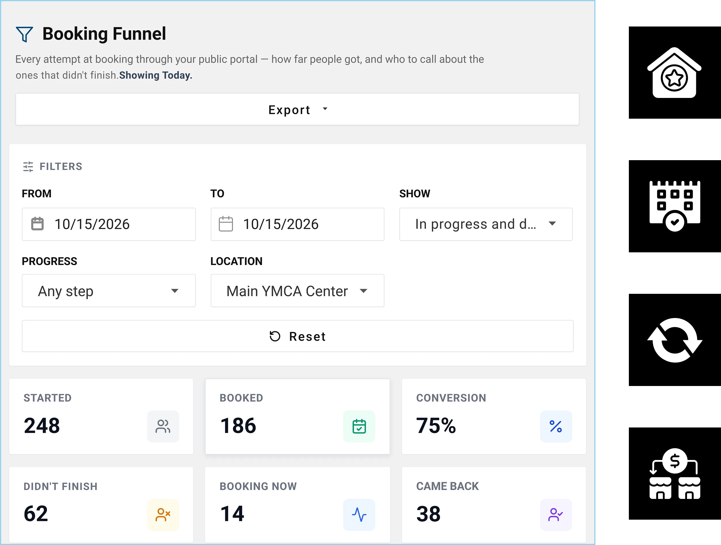 Cloud Studio Manager community recreation booking funnel dashboard showing reservations, conversion rates, and membership activity