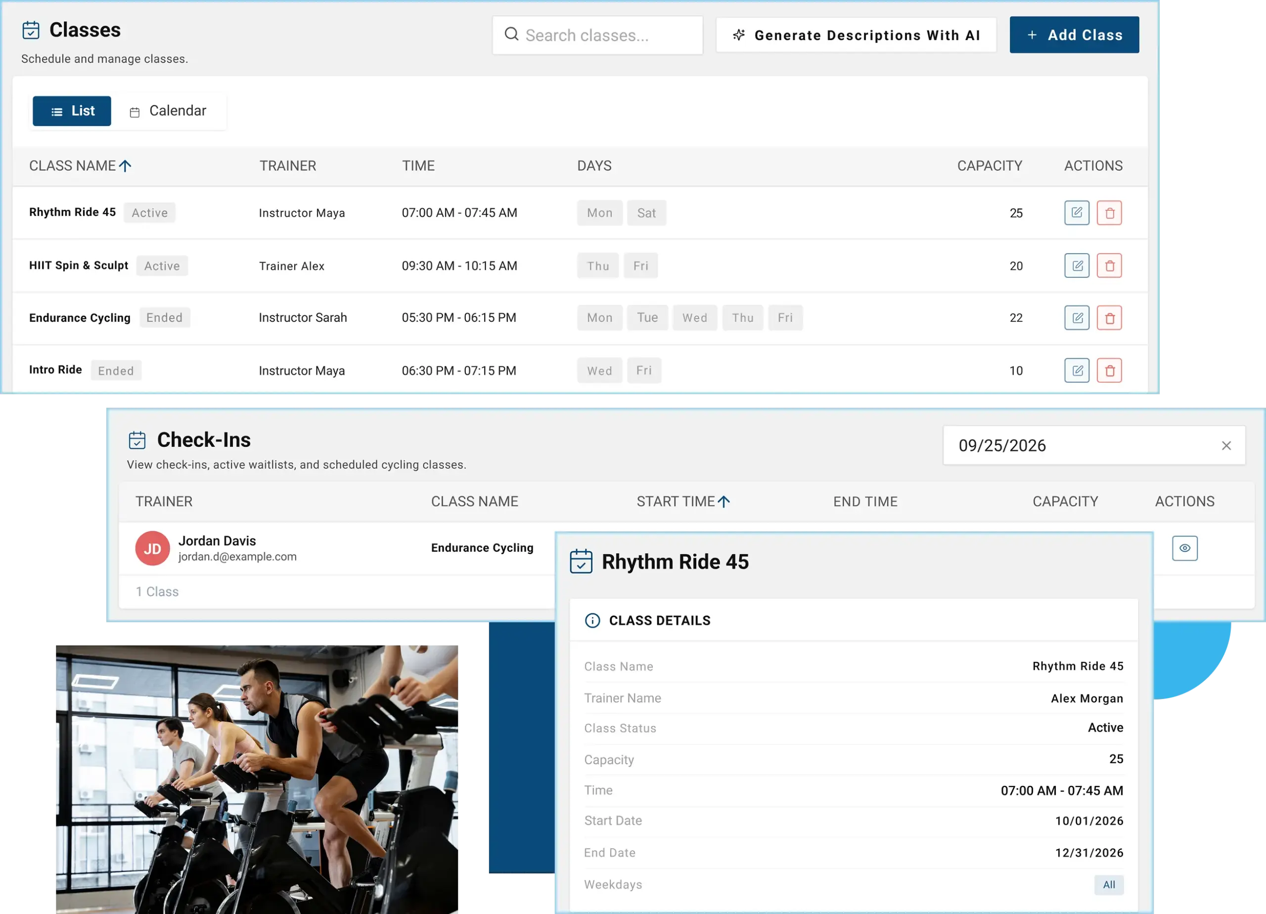Cloud Studio Manager cycling studio dashboard showing spin class schedules, instructor assignments, rider check-ins, and class details