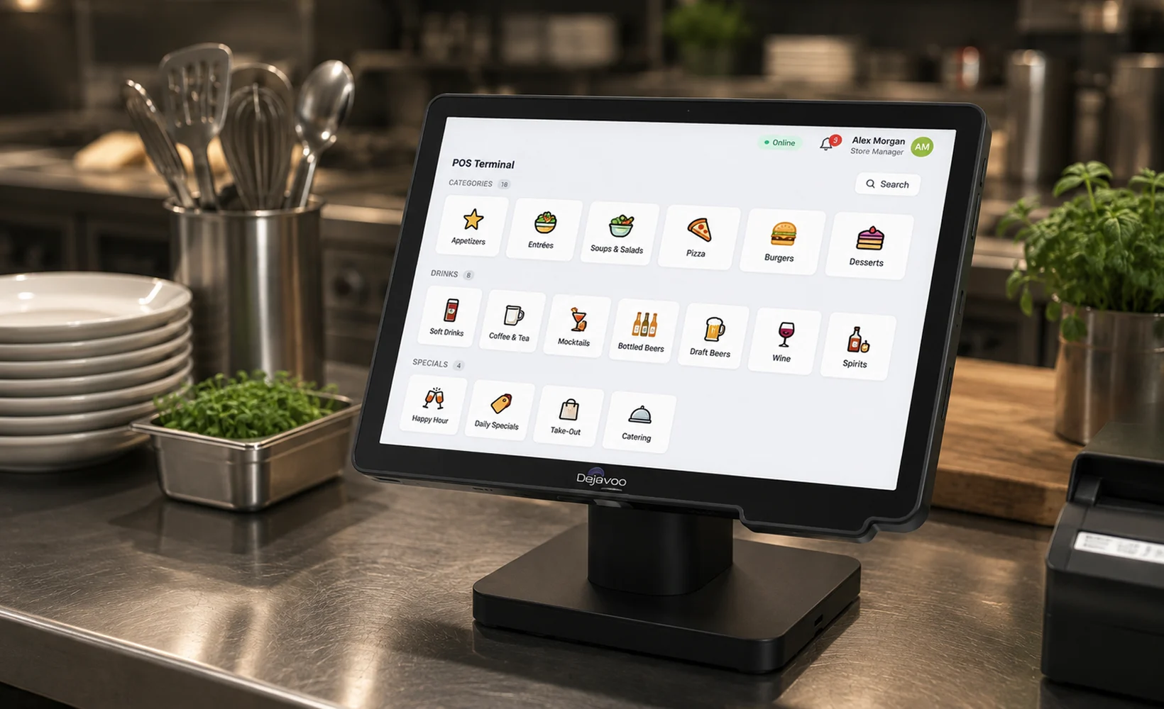 Dejavoo P18 POS station displaying Bonsai restaurant ordering software on a touchscreen terminal at a restaurant counter