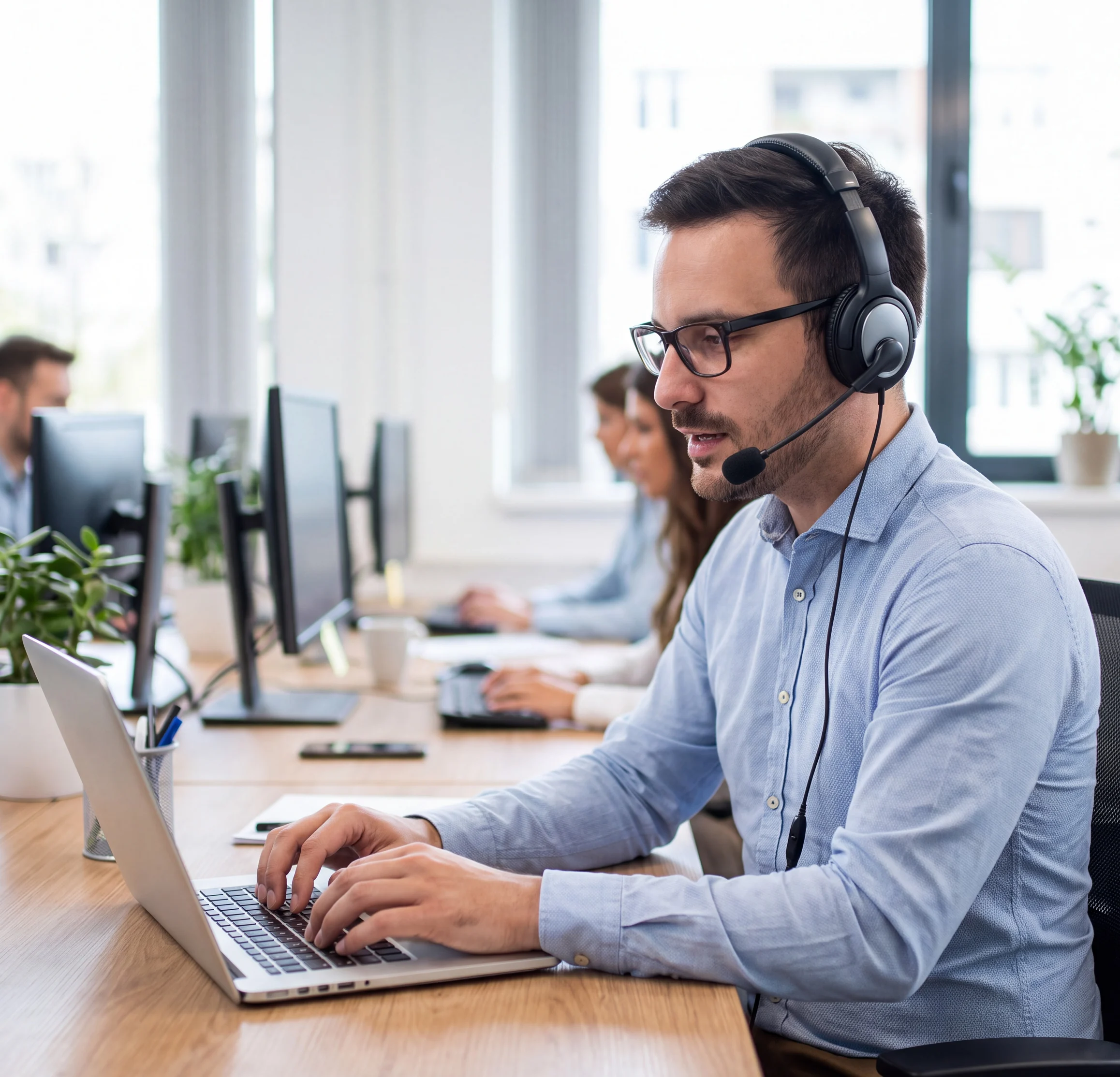 Customer support representative wearing a headset and using a laptop to assist businesses with PCI DSS compliance questions