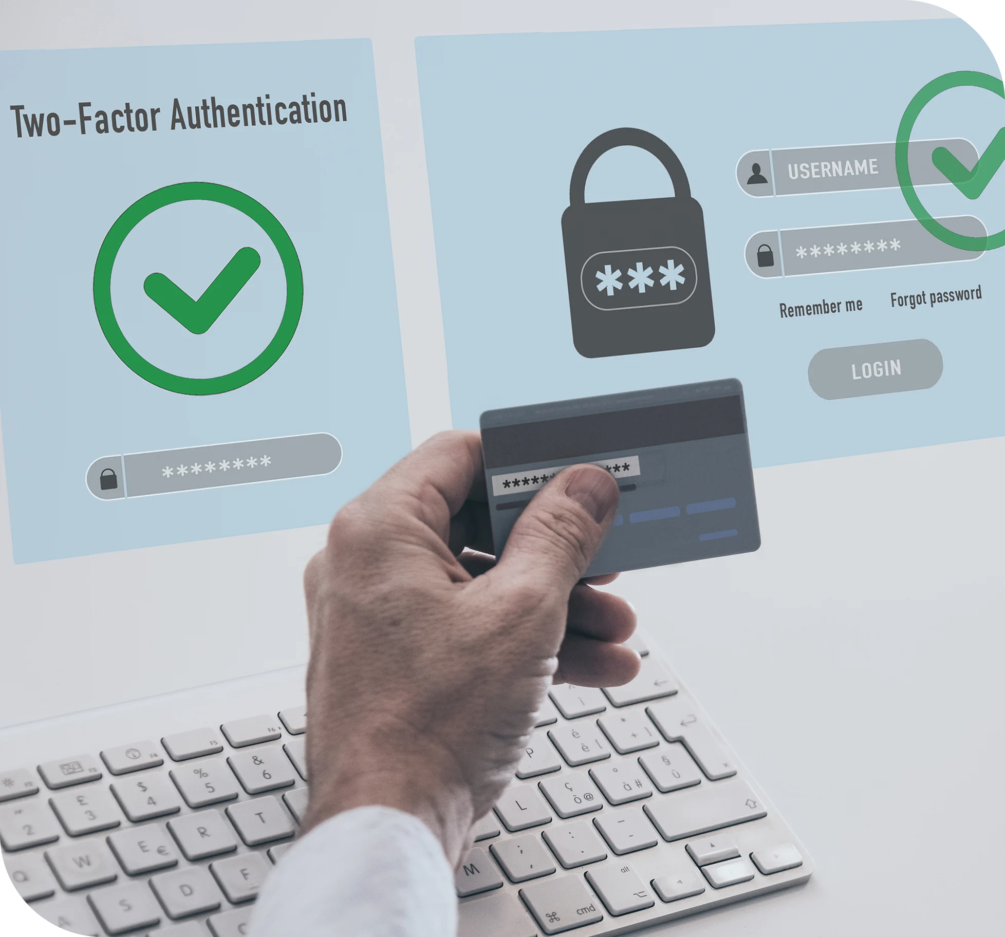 Person holding a payment card in front of a secure login screen with two-factor authentication and security verification symbols