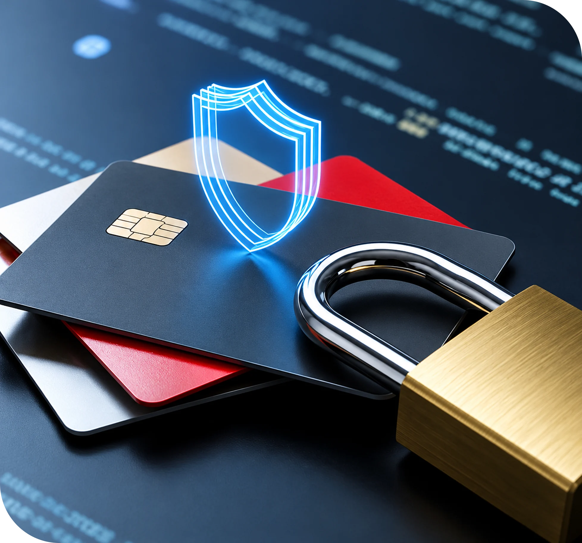 Payment cards secured with a padlock and digital shield symbolizing PCI DSS compliance and cardholder data protection