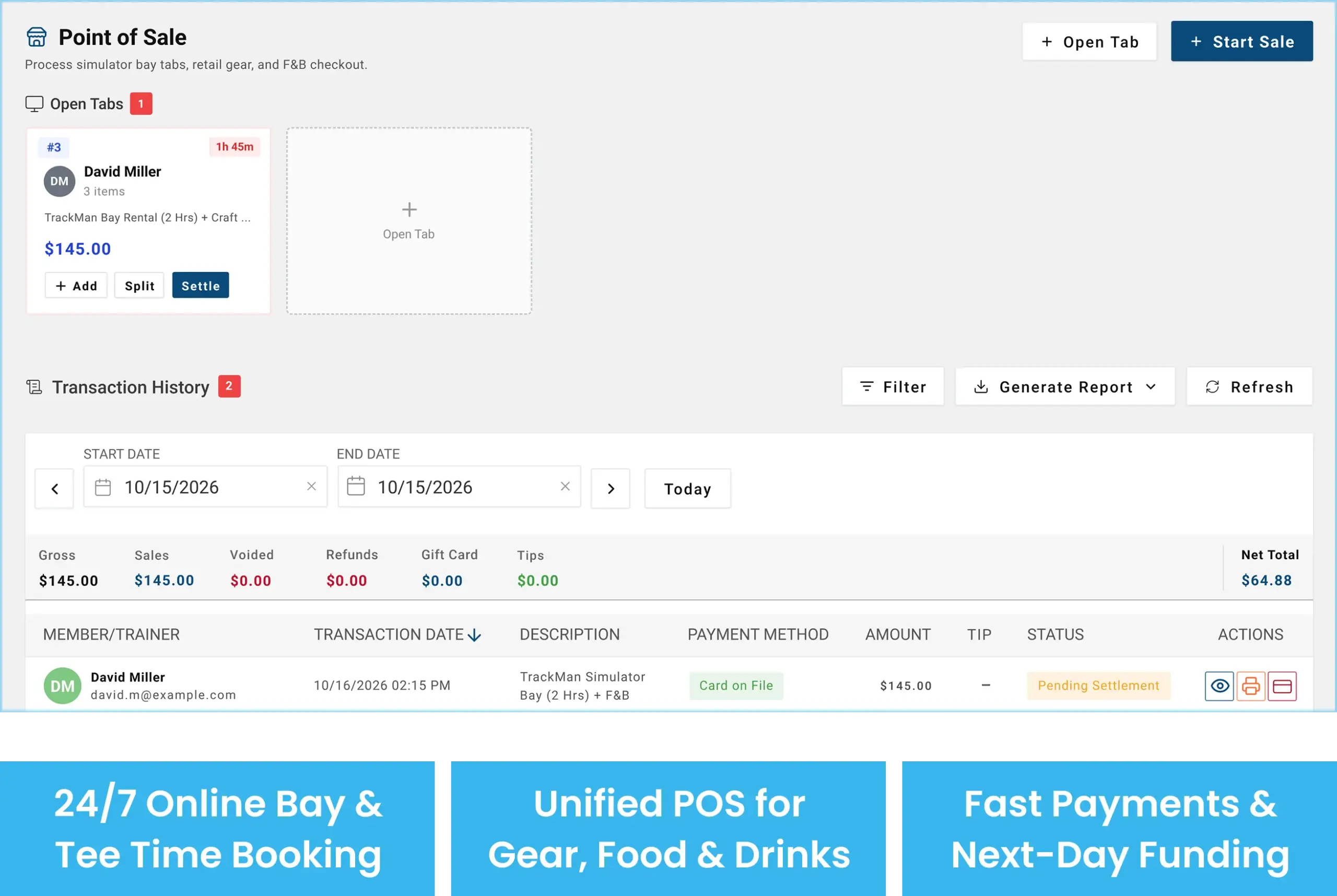 Cloud Studio Manager indoor golf club point-of-sale dashboard showing simulator bay rentals, transaction history, and payment management