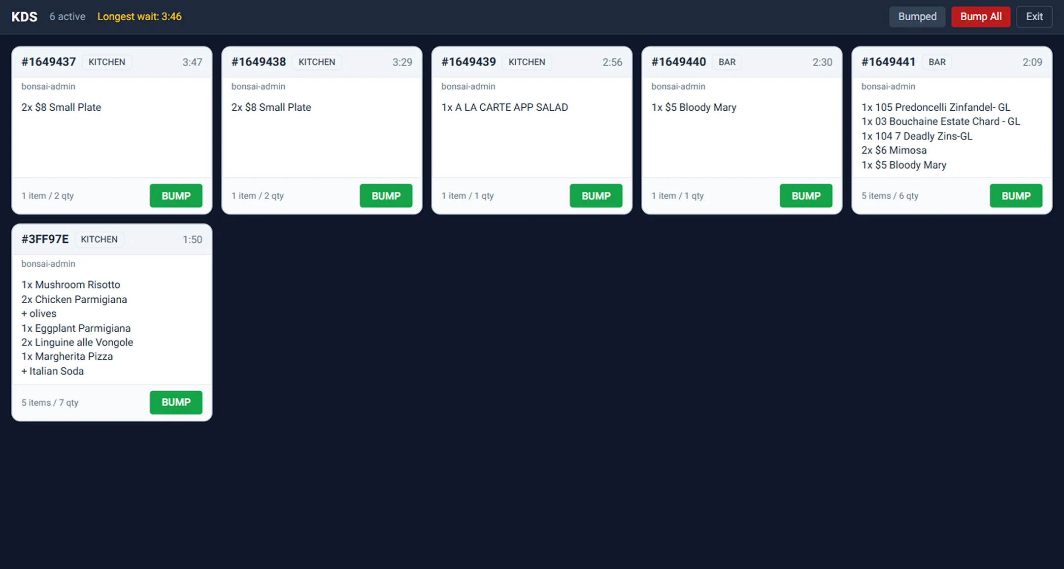 Bonsai POS Kitchen Display System showing live restaurant orders, preparation times, and digital kitchen tickets