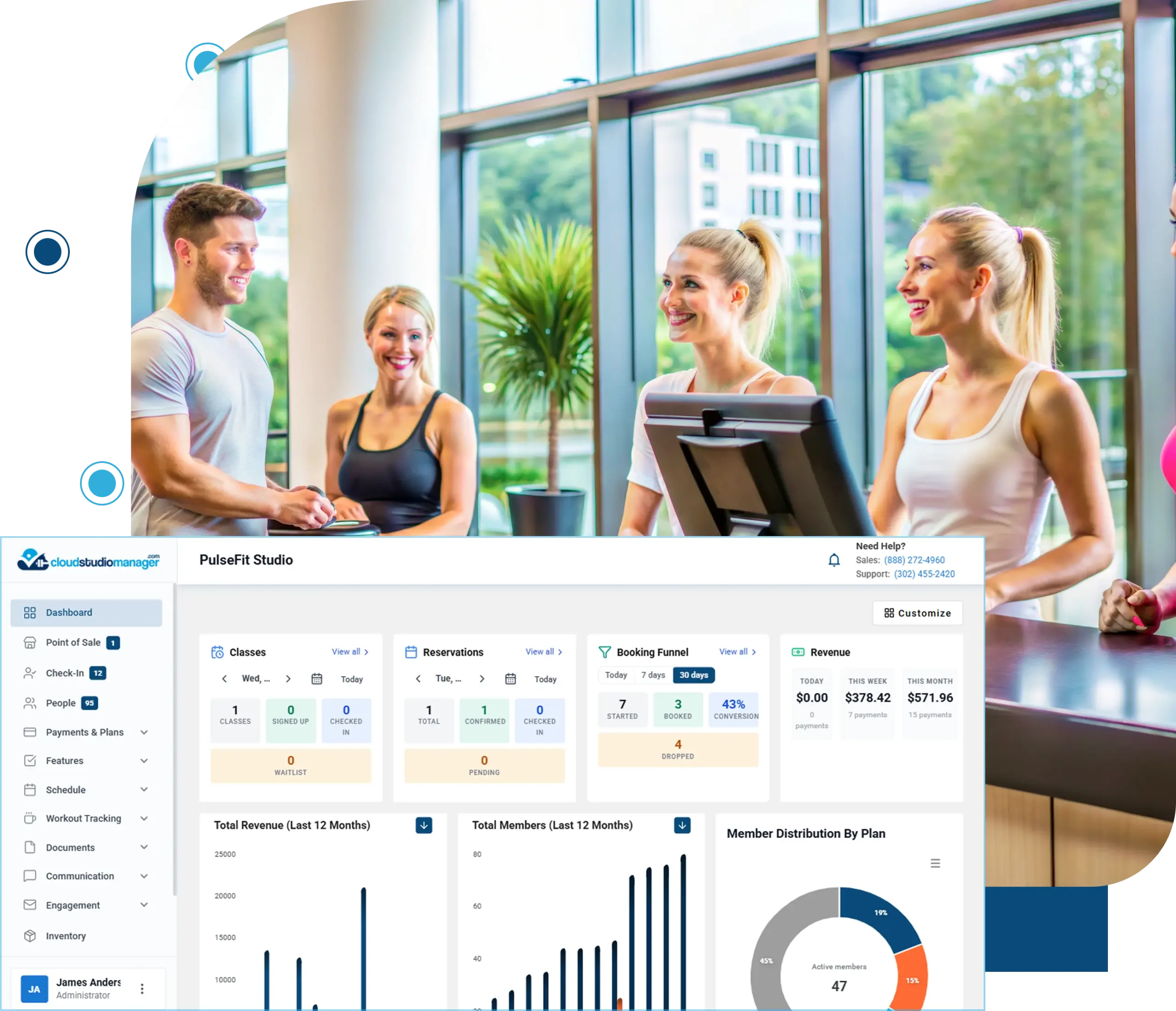 Fitness studio members at the front desk with Cloud Studio Manager dashboard displaying revenue, memberships, and booking analytics