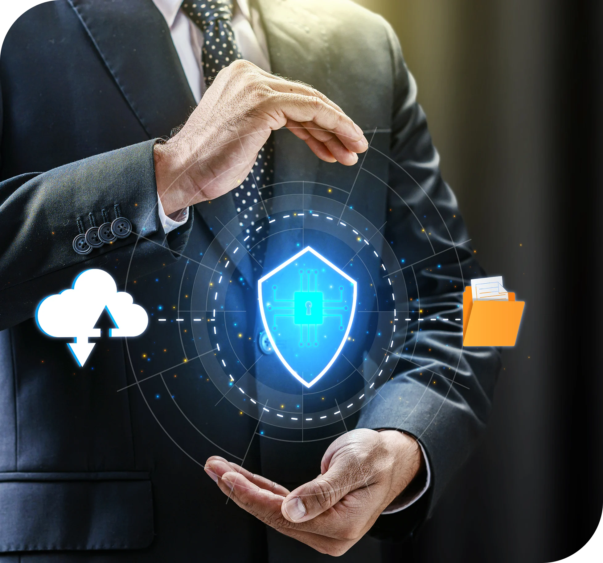 Business professional presenting a digital security shield with cloud and file icons representing Level 1 PCI DSS payment protection