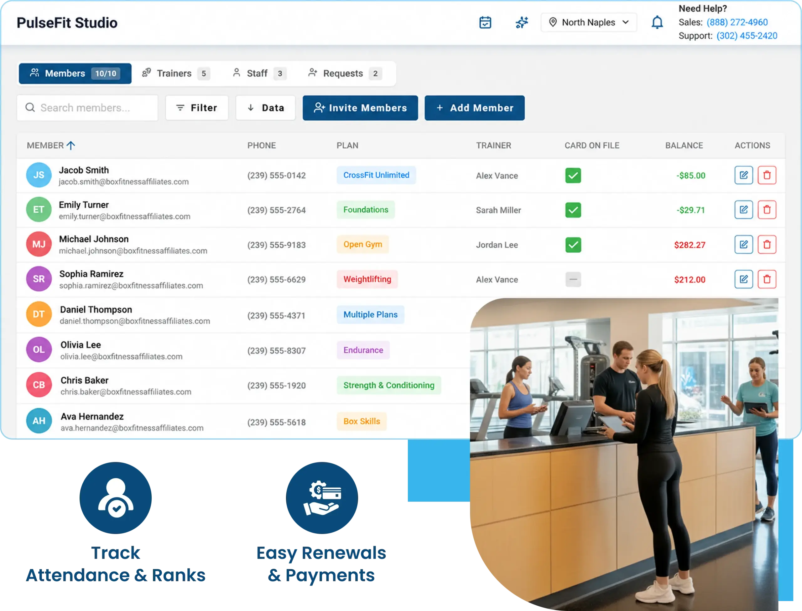 Martial arts studio management dashboard showing student memberships, family accounts, belt rank tracking, and automated payments