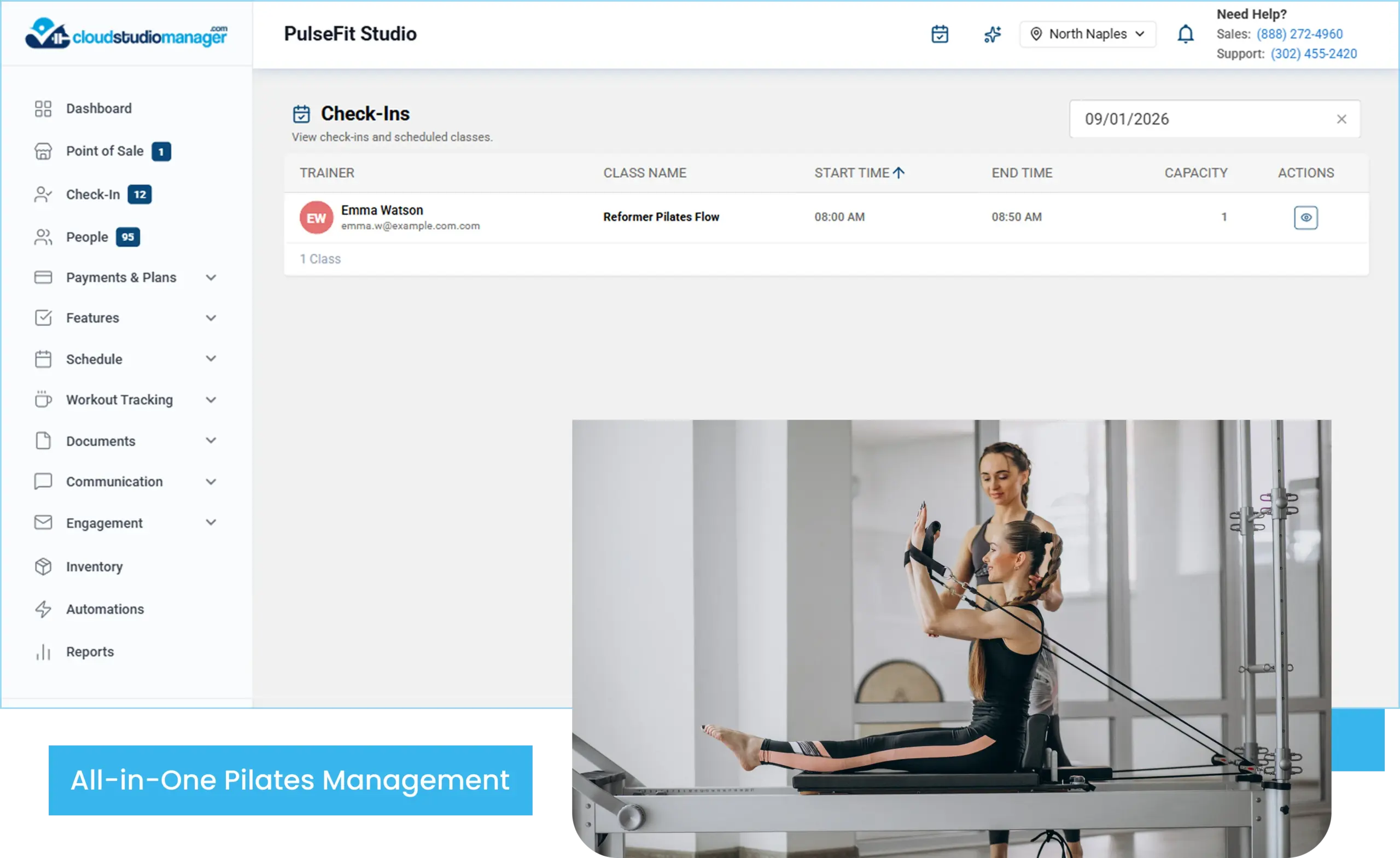 Pilates studio management software dashboard showing class check-ins, scheduling, payment processing, and a Pilates reformer workout