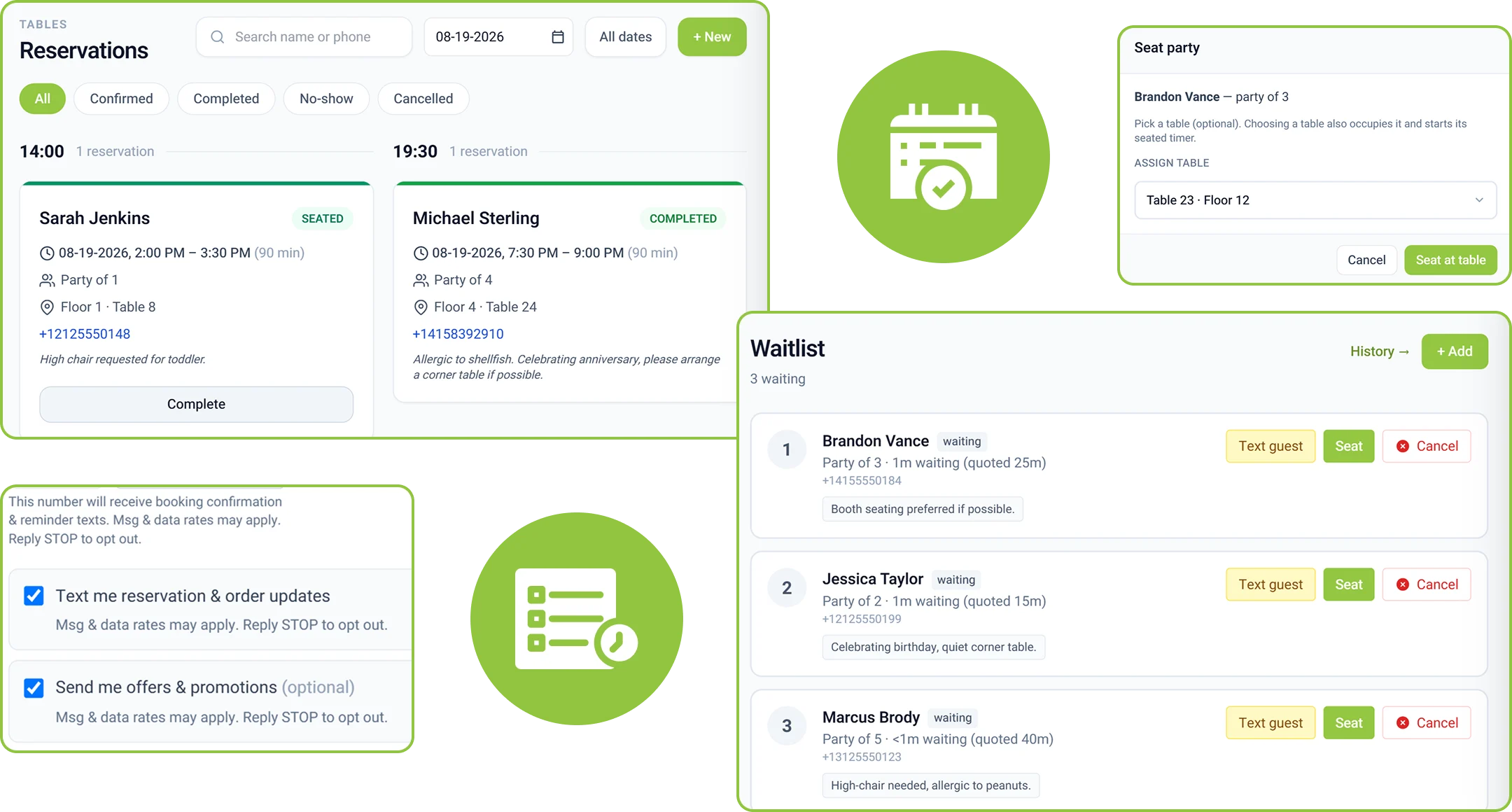 Bonsai POS restaurant reservations and waitlist dashboard showing guest bookings, table assignments, seating status, and notifications