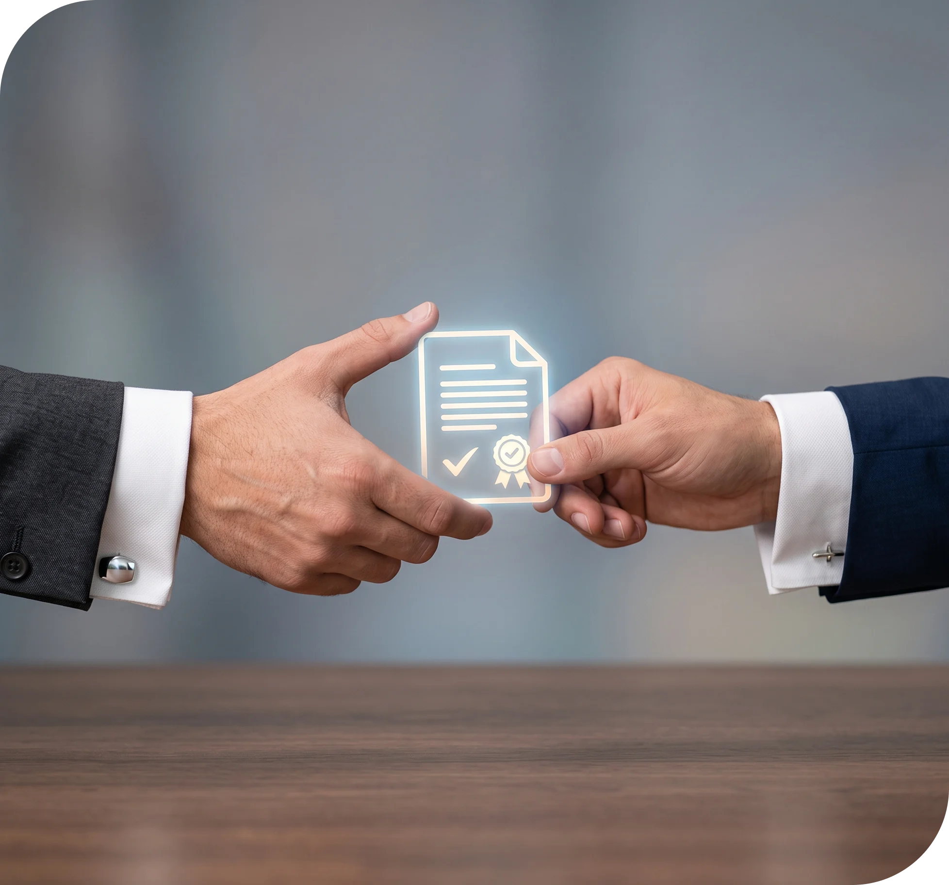 Two business professionals exchanging a digital verified document symbolizing secure payment processing and data protection