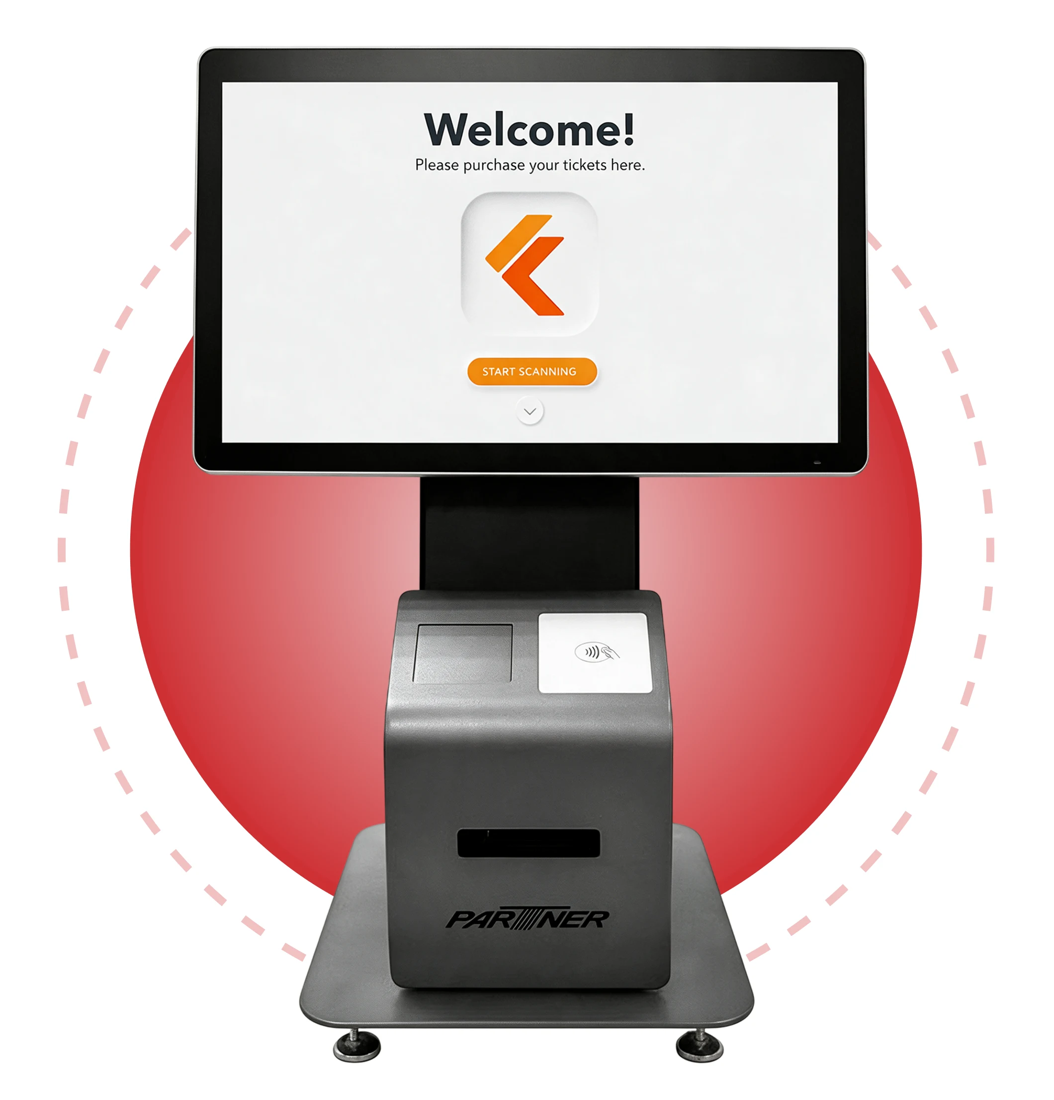 Partner Tech self-service kiosk with touchscreen display and contactless checkout capabilities for KORONA POS retail and ticketing systems