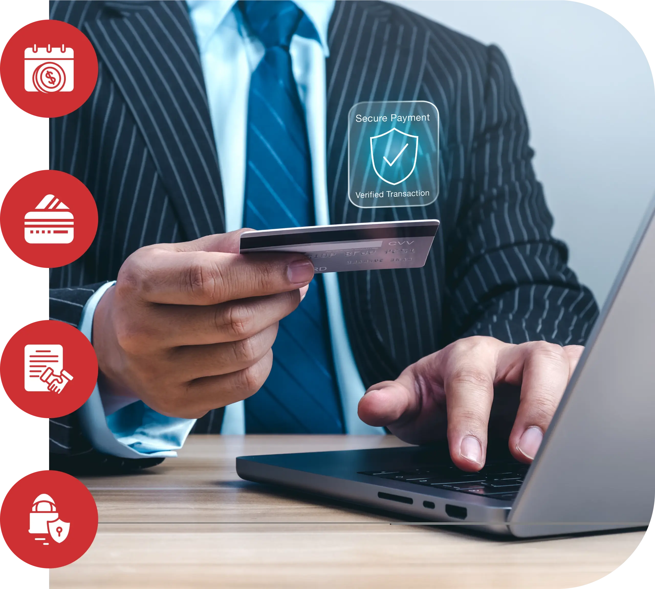 Business professional holding a credit card while using a laptop for secure auto warranty payment processing and fraud protection
