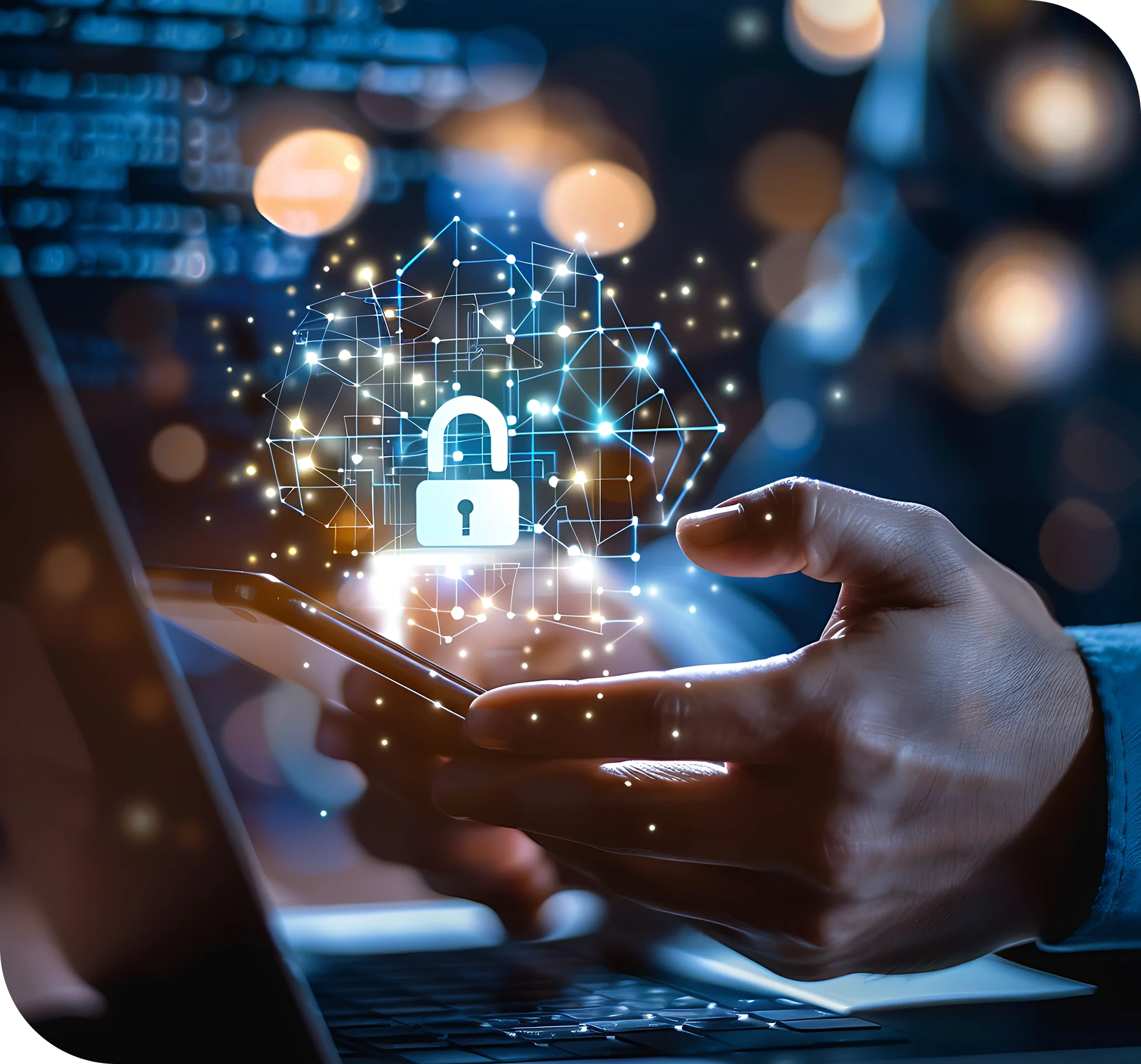Digital padlock and cybersecurity network displayed above a smartphone and laptop, representing PCI DSS cardholder data protection