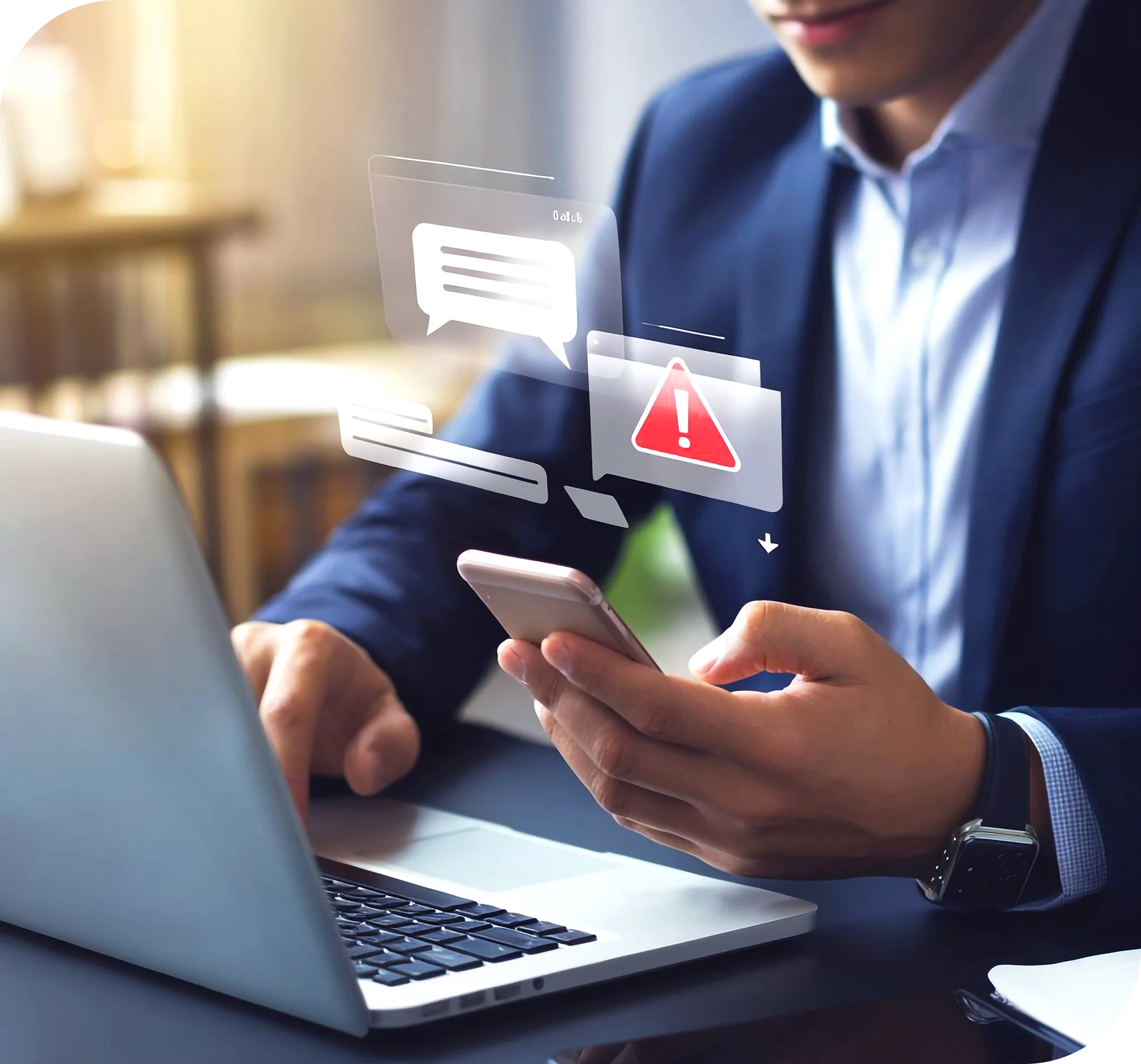 Business professional using a smartphone and laptop with a digital warning alert representing PCI non-compliance risks